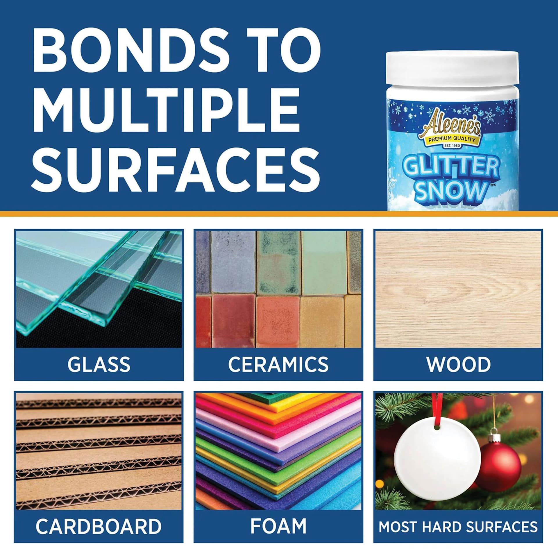 Bonds to multiple surfaces: glass, ceramics, wood, cardboard, foam, and most hard surfaces.