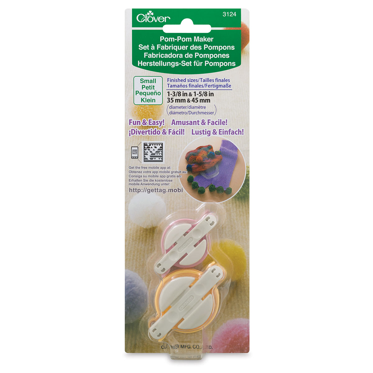 Clover Pom Pom Maker - Front view of blister package of 2 small Pom Pom Makers