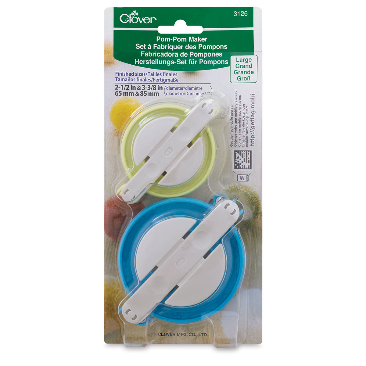 Clover Pom Pom Maker - Front view of blister package of 2 large Pom Pom Makers