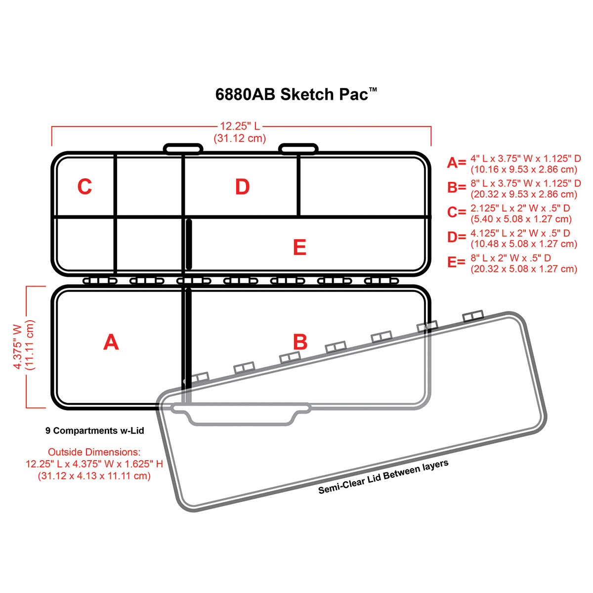 ArtBin Sketch-Pac - Schematic showing dimensions of individual compartments in Sketch-Pac