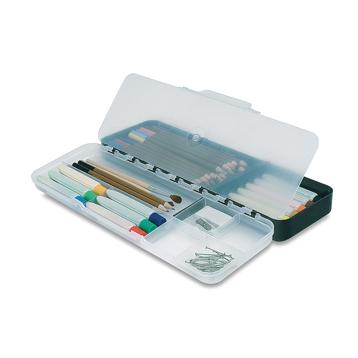 ArtBin Sketch-Pac - shown open with tray divider raised and filled with art supplies (not included)