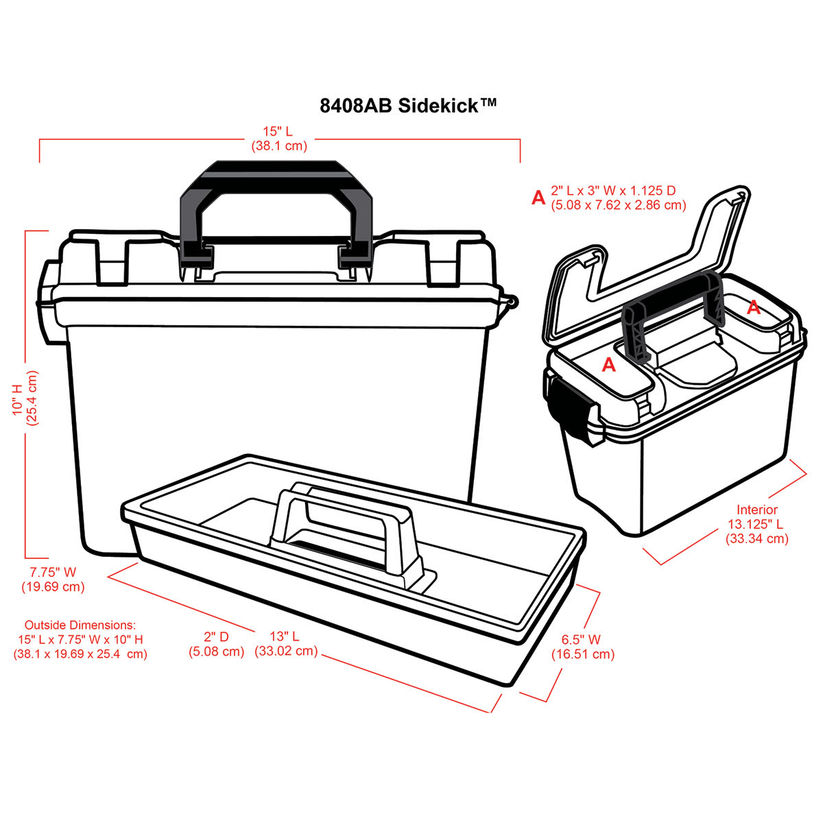 ArtBin Sidekick Storage Bin (illustration of box and tray with corresponding dimensions) ArtBin Sidekick Storage Bin (illustration of box and tray with corresponding dimensions)