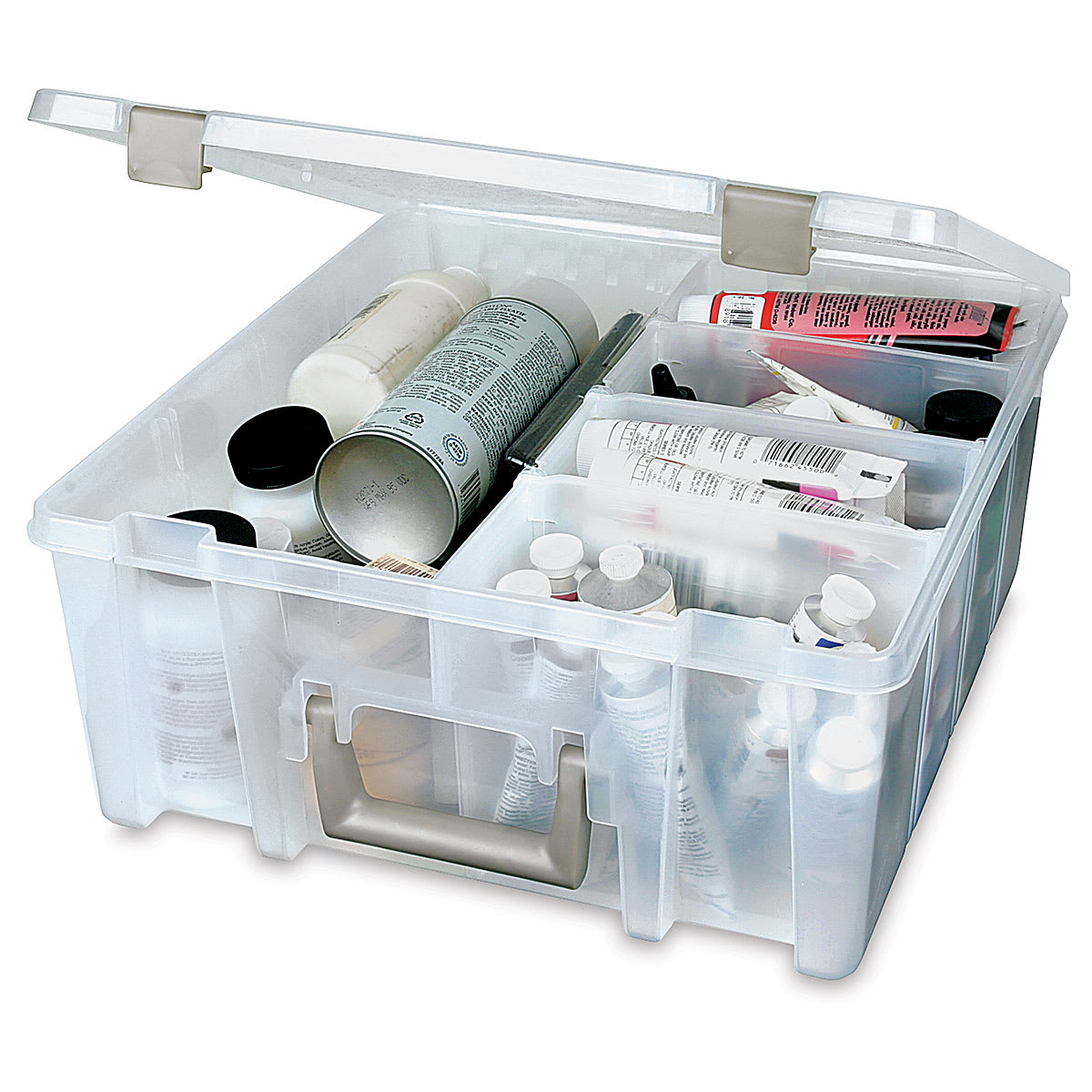 ArtBin Super Satchel - Double Deep clear version shown open with various art supplies not included