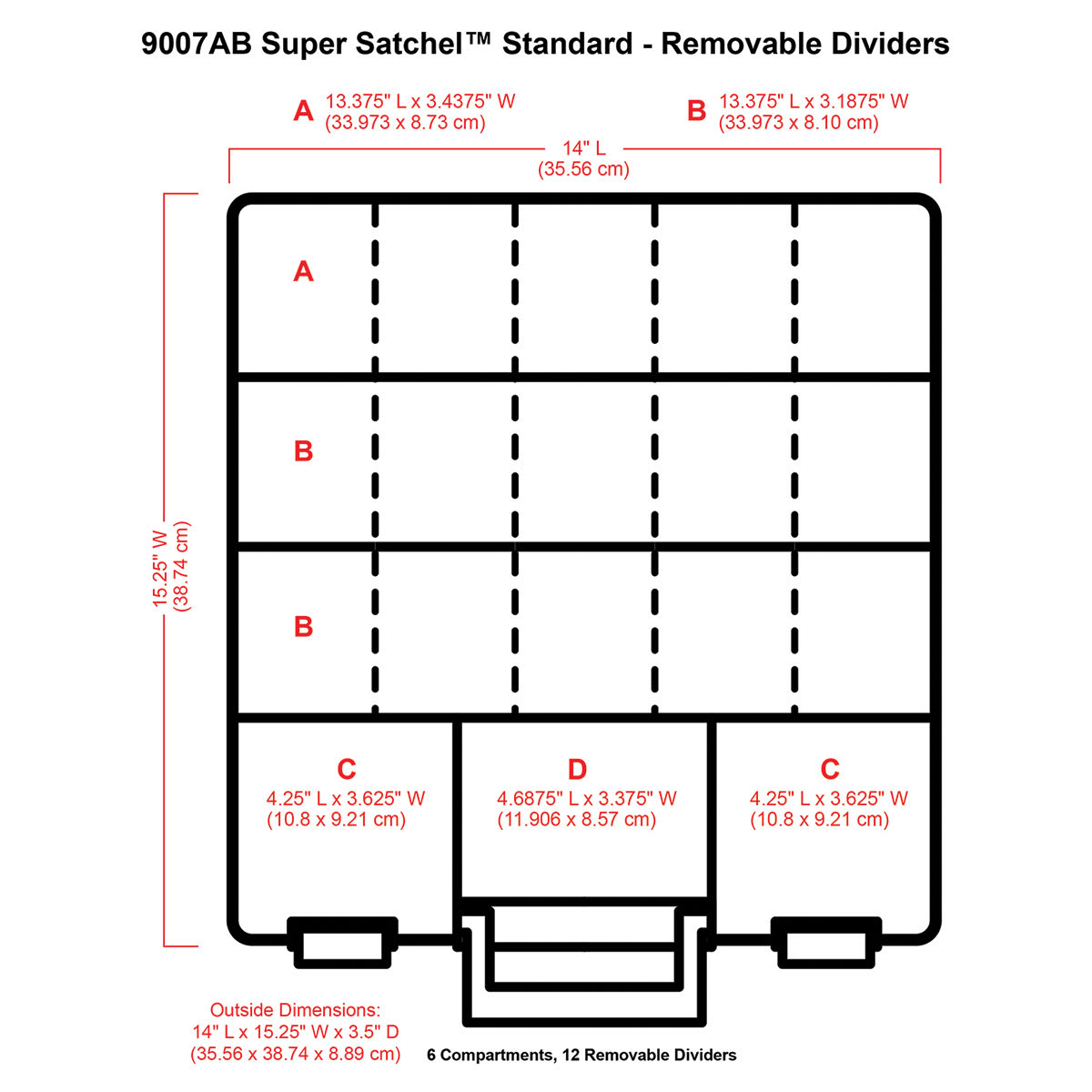 ArtBin Super Satchel with Dividers (illustration of case with corresponding dimensions)
