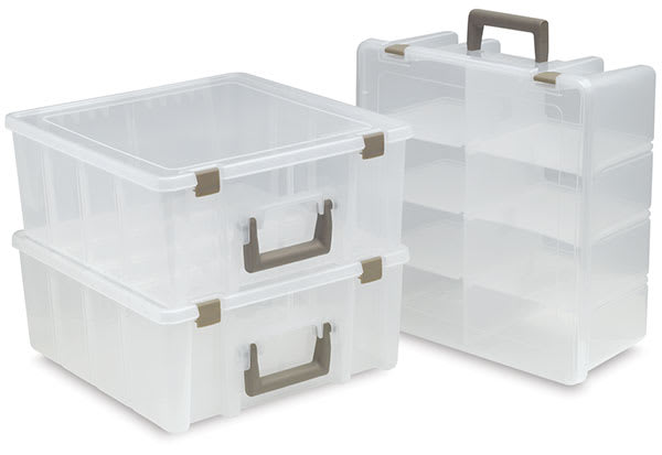 ArtBin Super Satchel - 3 Double Deep Satchels shown closed with 2 stacked and one standing upright