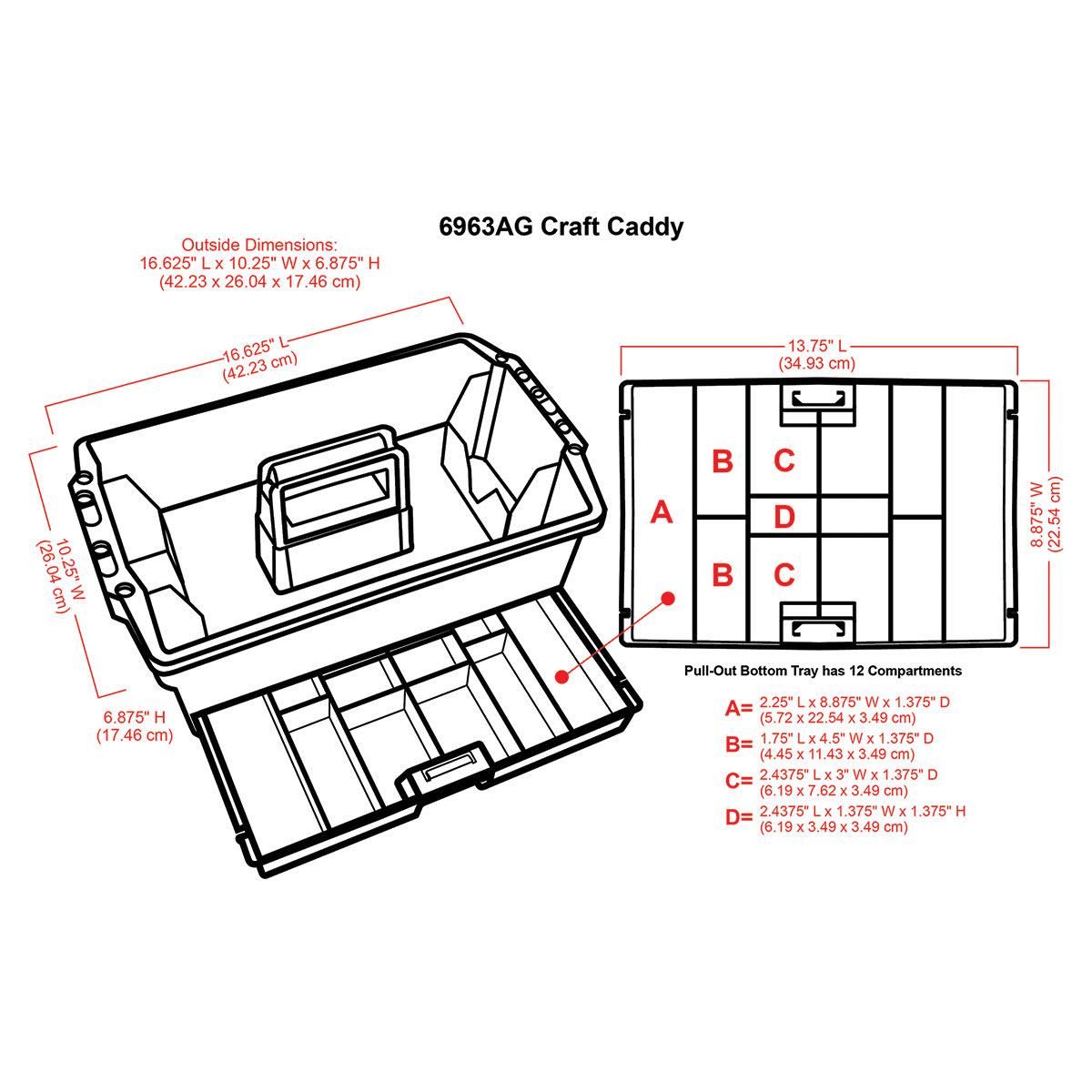ArtBin Art and Craft Supply Caddy (illustration of caddy with corresponding dimensions)