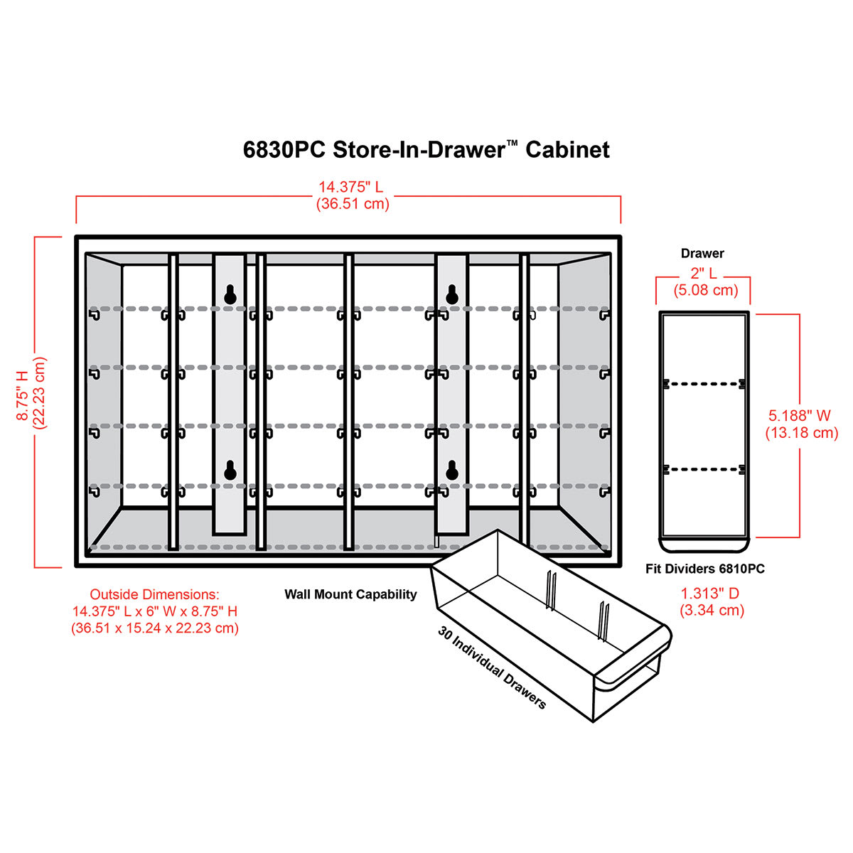 ArtBin Store-In-Drawer Cabinet - Illustration of 30-Drawer cabinet with corresponding dimensions