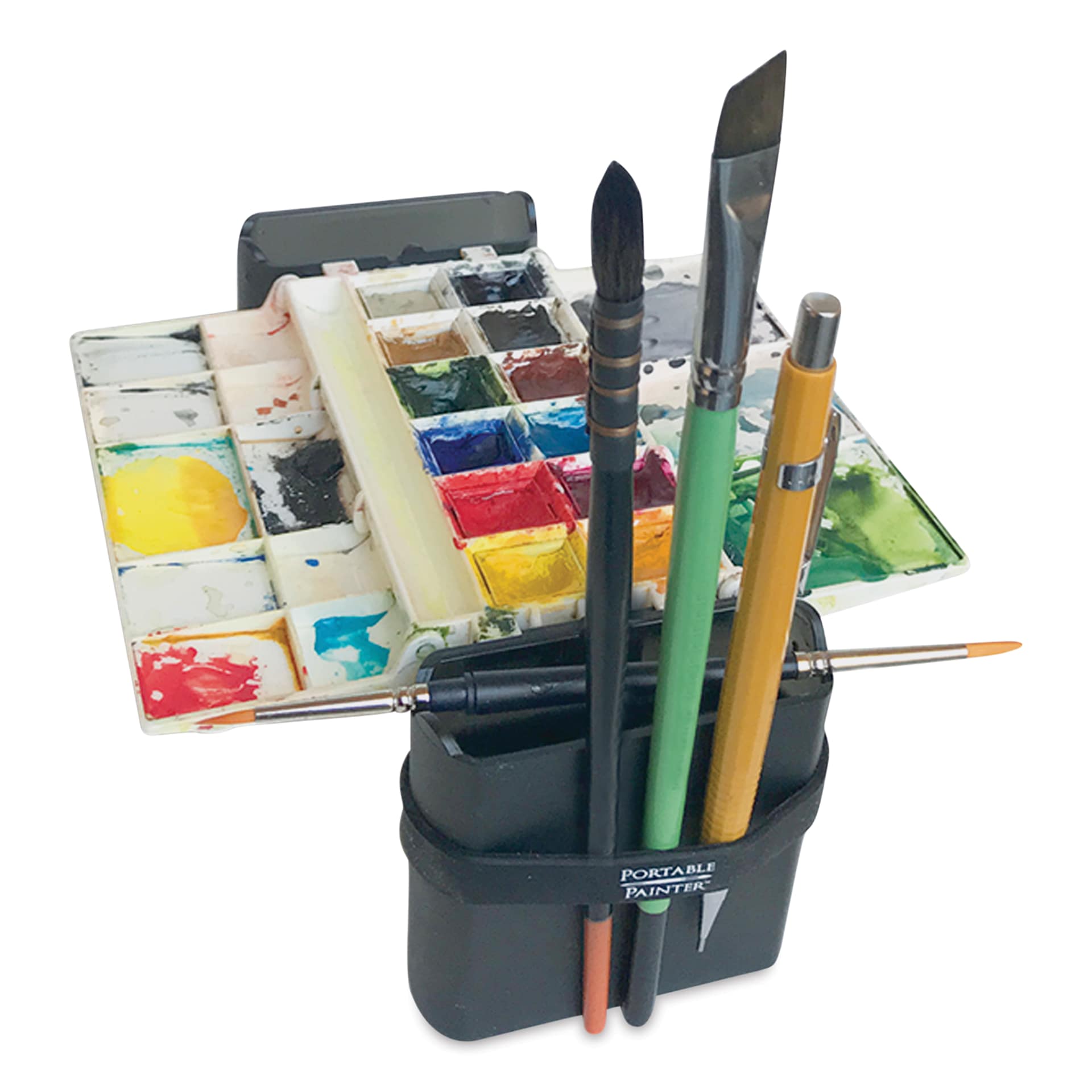 Portable Painter Watercolor Palette shown with patins in pans and brushes and pencils being held onto the side of the case with silicone bands.