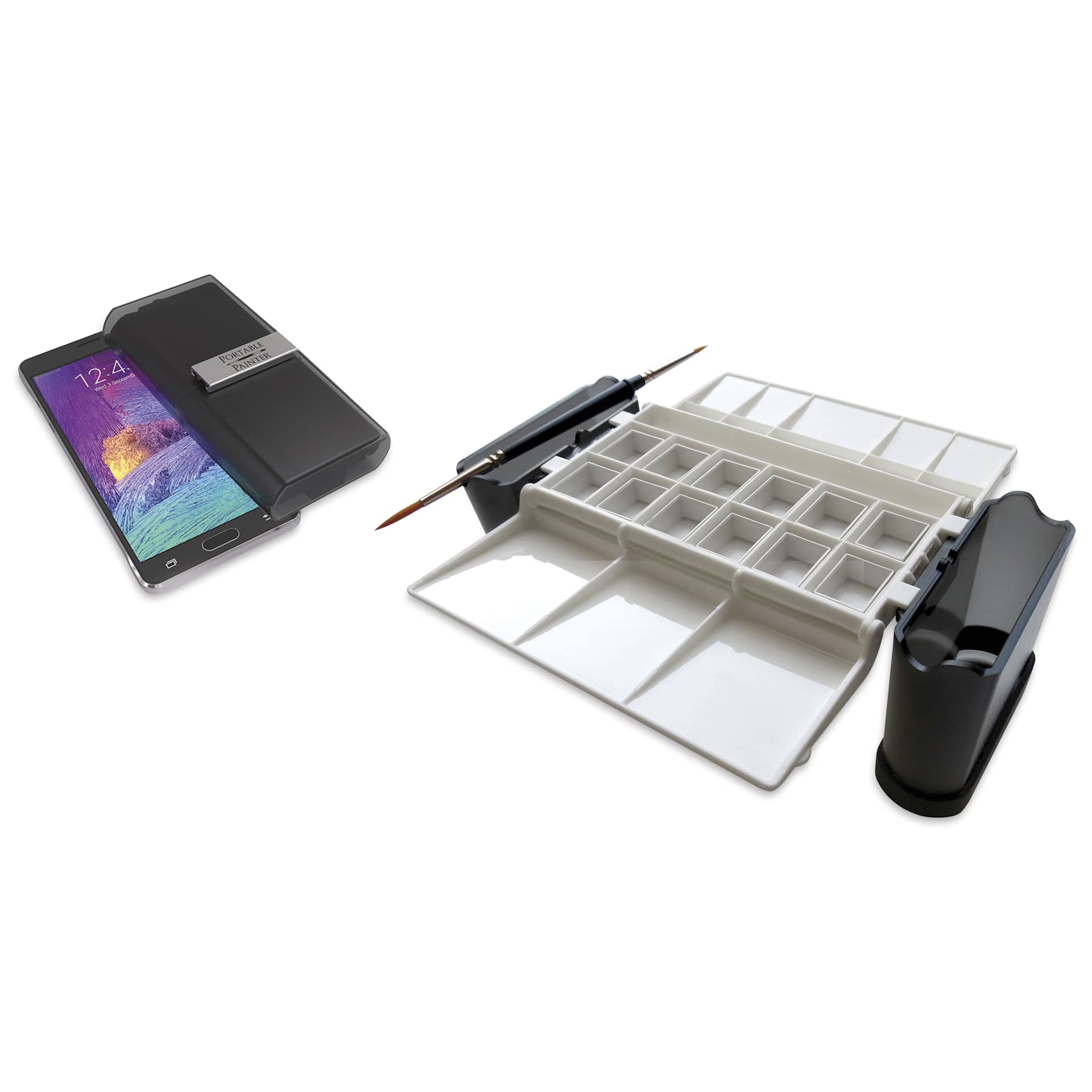 Portable Painter Watercolor Palette open, with folded down palette next to phone for size comparison 