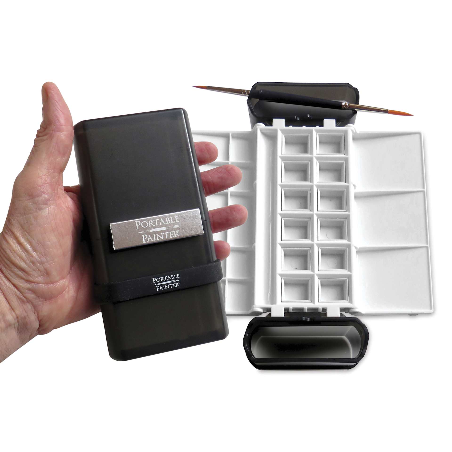 Portable Painter Watercolor Palette folded in hand, and assembled