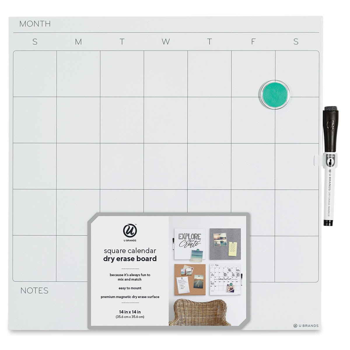 U Brands Dry Erase Tile Board - Front of package of Blank Calendar showing Marker and magnet