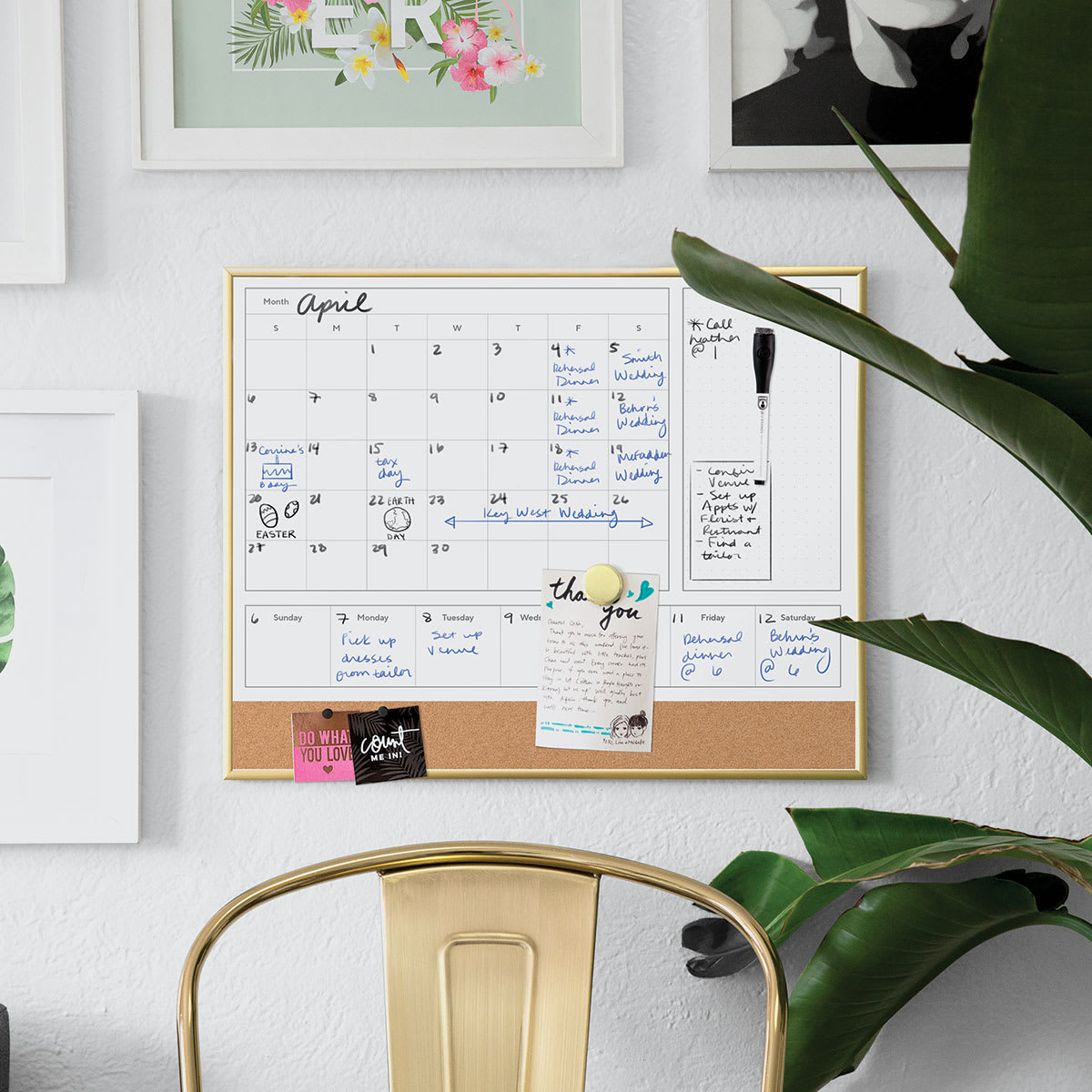 U Brands Gold Frame Dry Erase 2-in-1 Planner Board - Shown mounted on wall