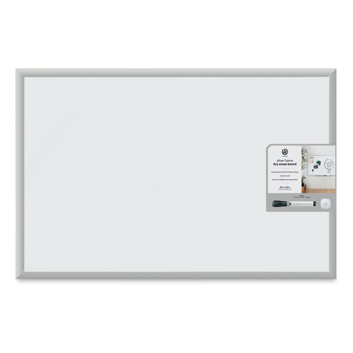 U Brands Silver Frame Magnetic White Board - 23" x 35" shown with label