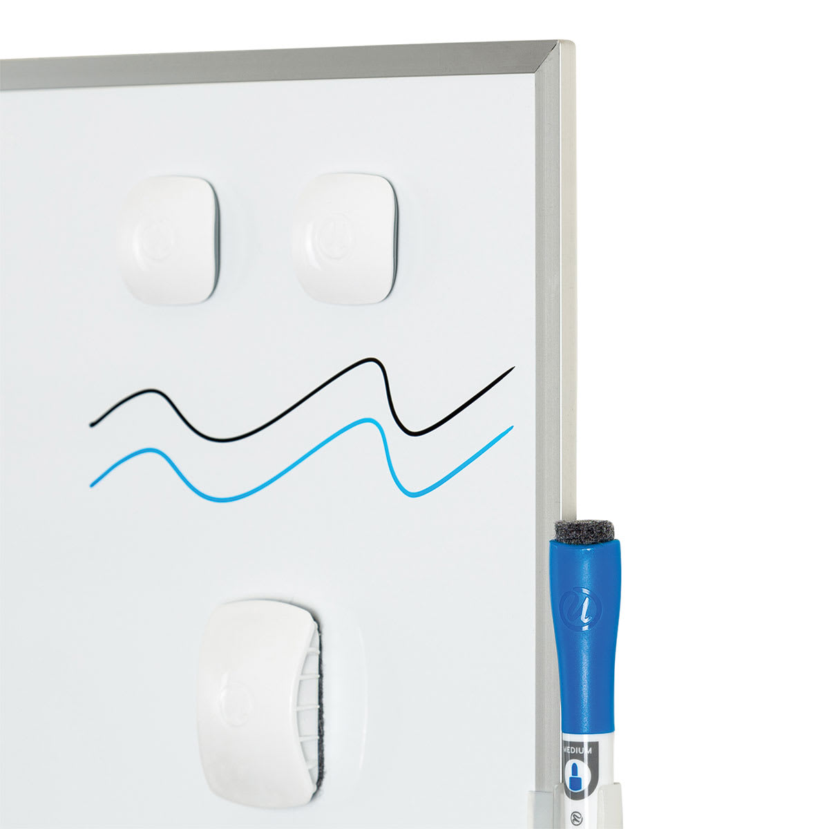 U Brands Silver Frame Magnetic White Board - Shown with magnets and markers and drawn squiggles 