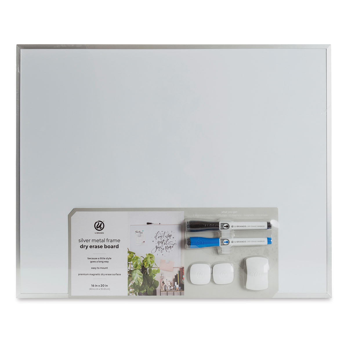 U Brands Silver Frame Magnetic White Board - 16" x 20" shown with label