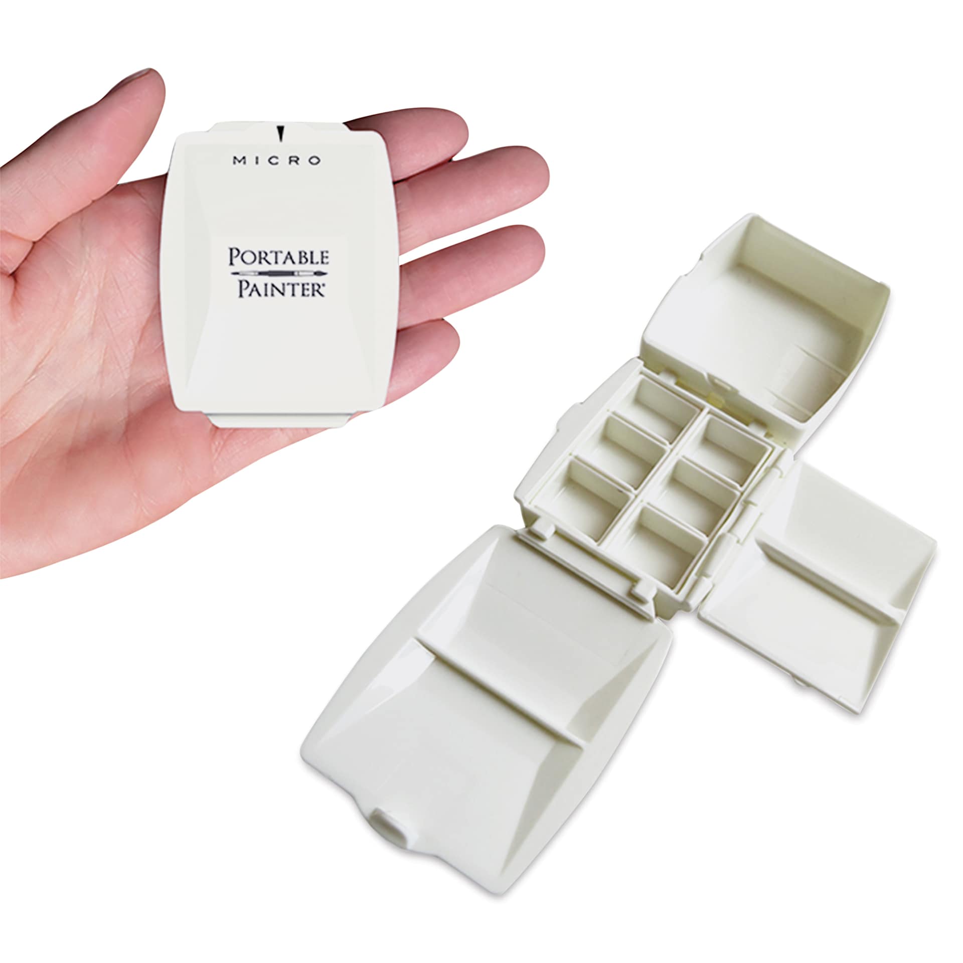 An open Portable Painter Micro Watercolor Palette and a closed version being held