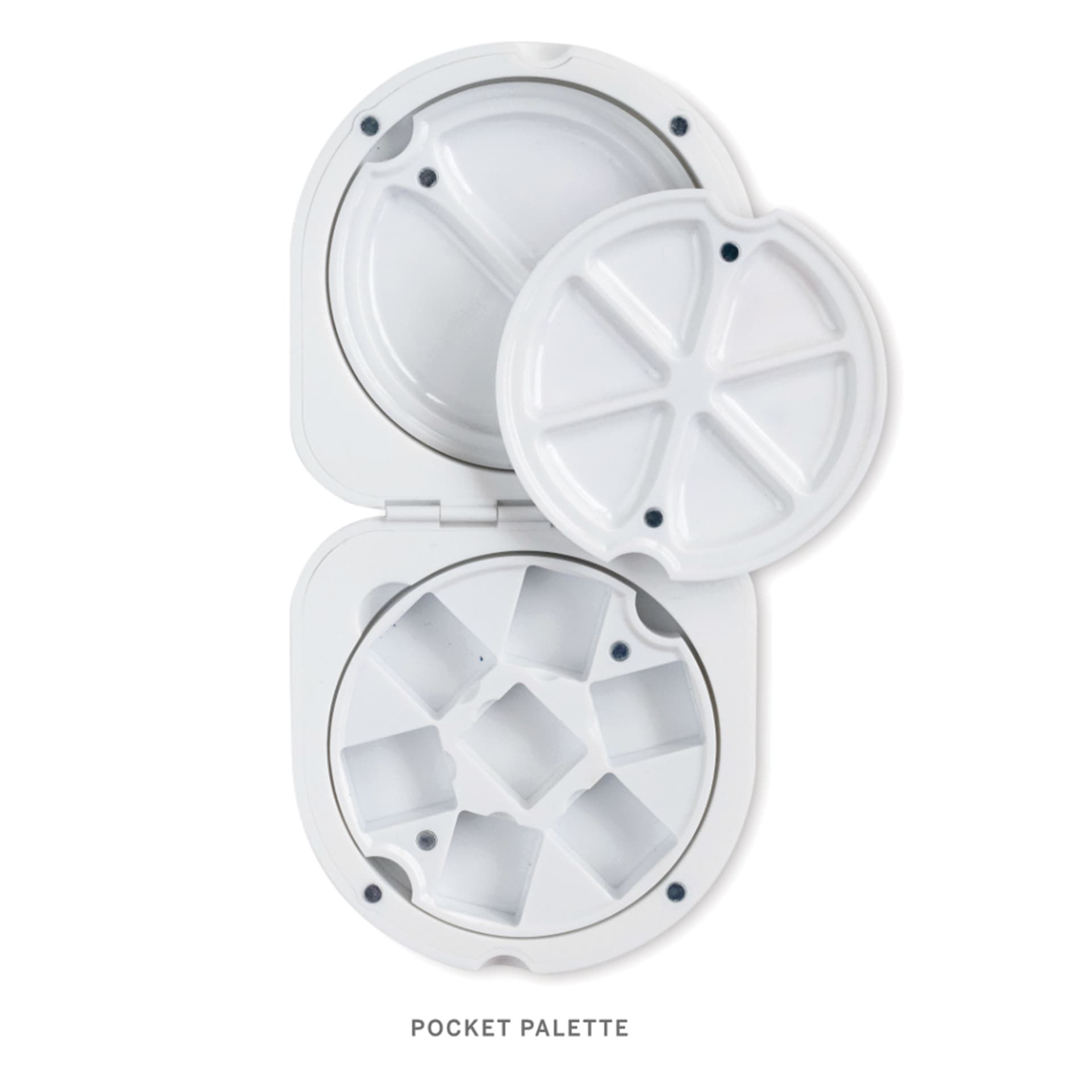 Etchr Travel Pocket Palette, open to show mixing wells and 7 half-pan containers.