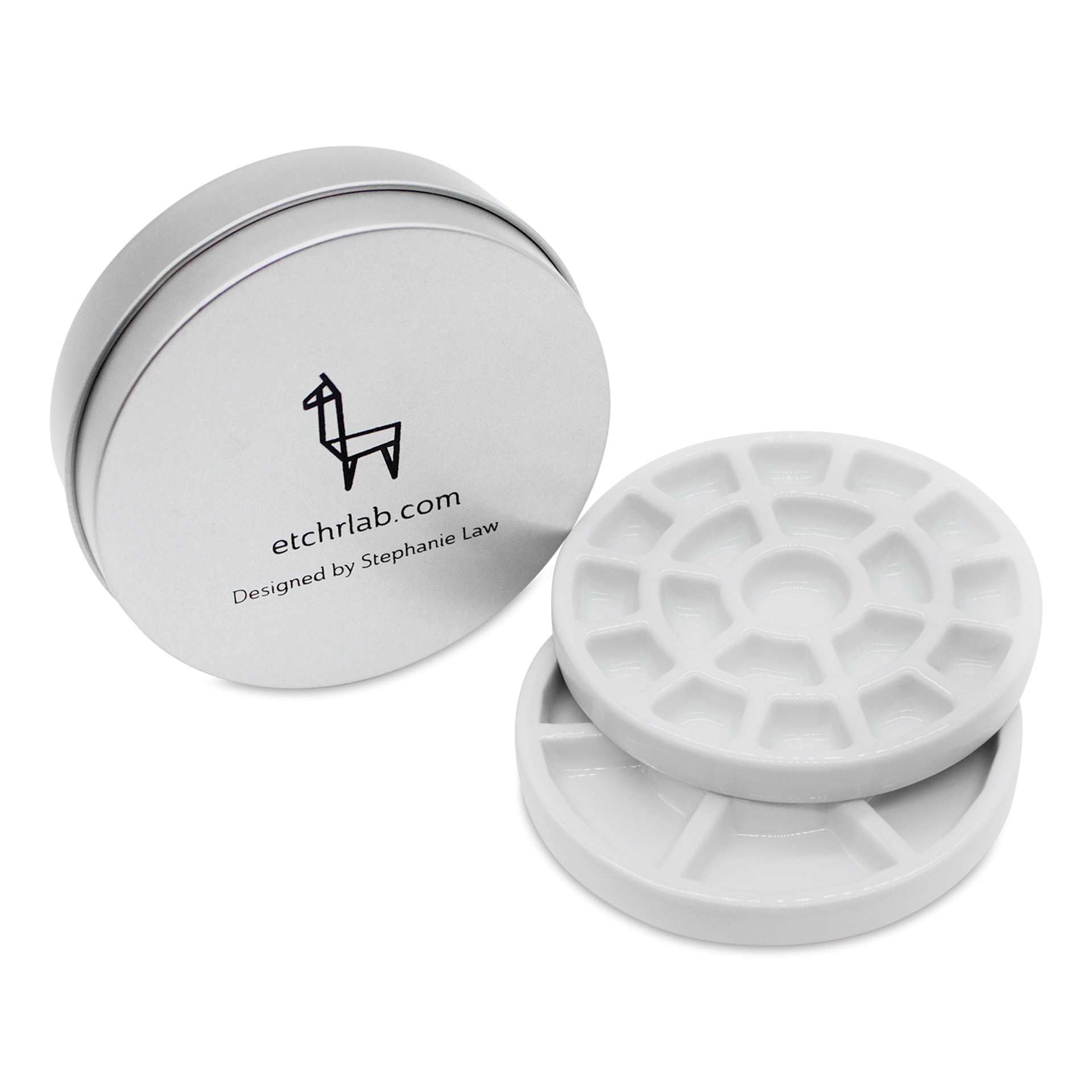 Etchr Lab Travel Mini Porcelain Palette, 19 Wells, open and closed