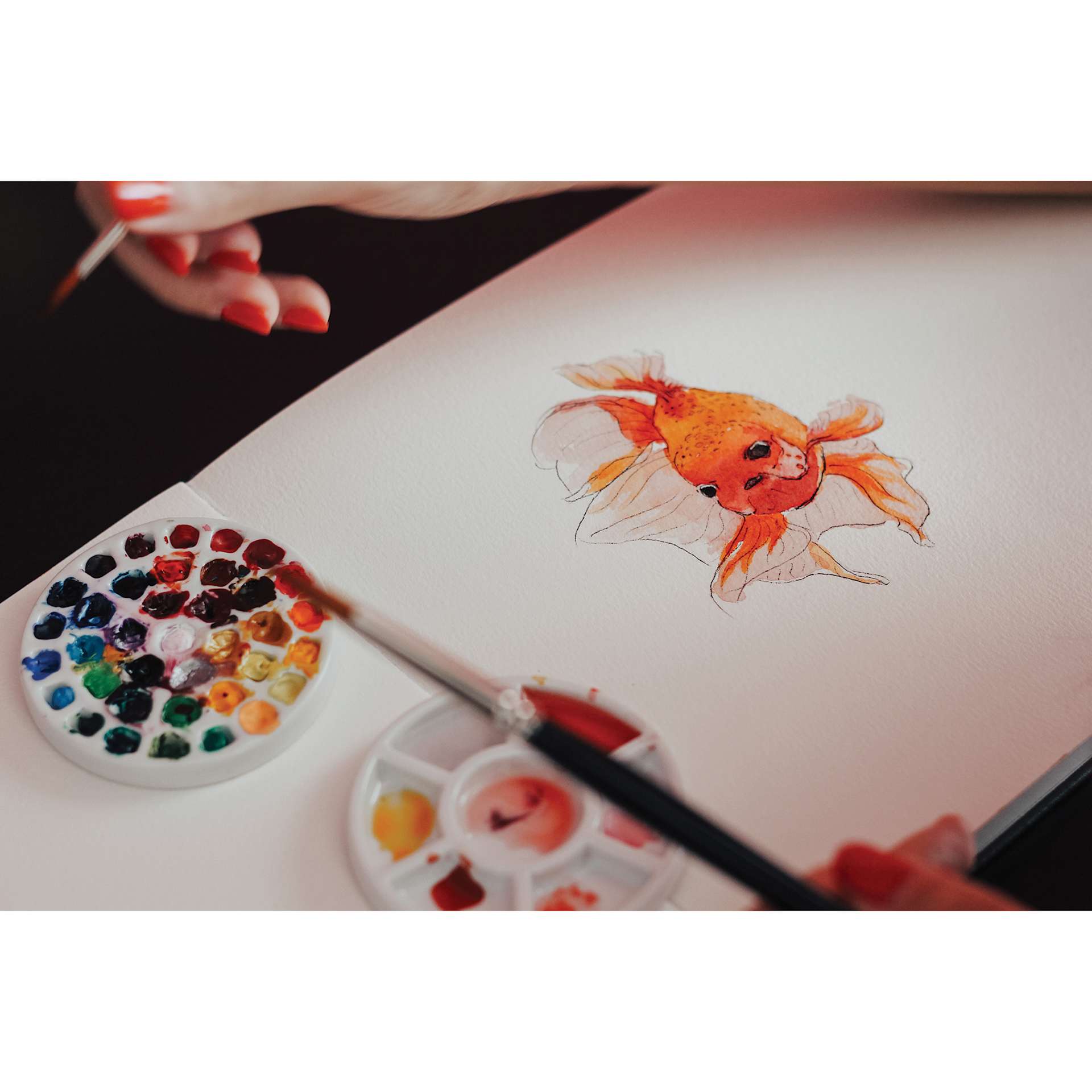 Etchr Lab Travel Mini Porcelain Palette, 37 Wells, artwork of fish next to palette