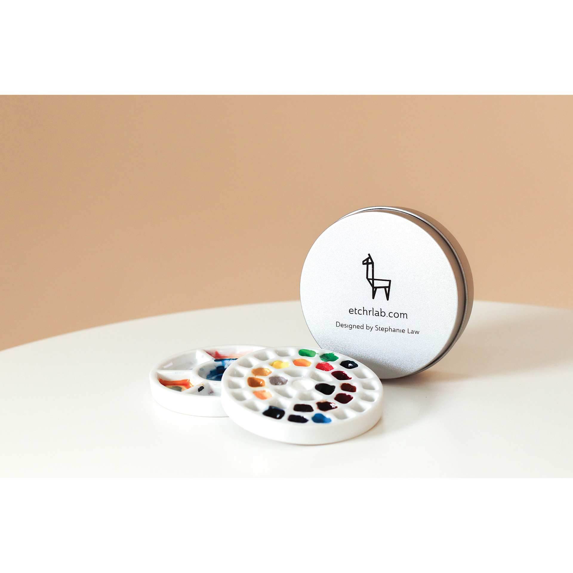 Etchr Lab Travel Mini Porcelain Palette, 37 Wells, on desk (paint not included)