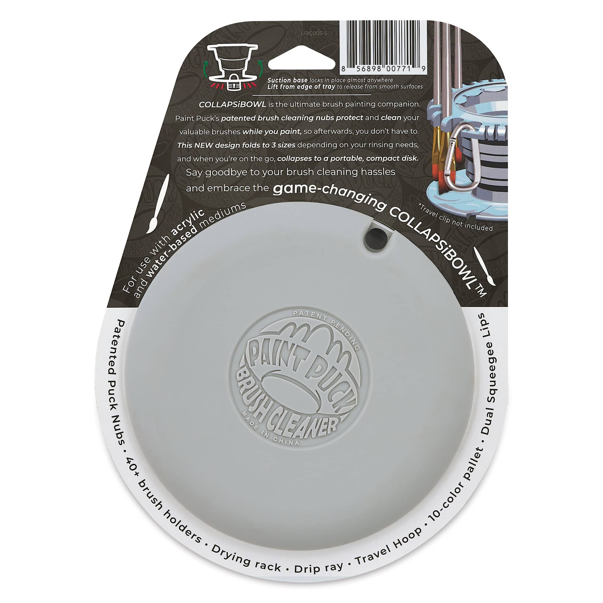 Paint Puck CollapsiBowl Portable Brush Cleaner - Neutral Gray, back of packaging
