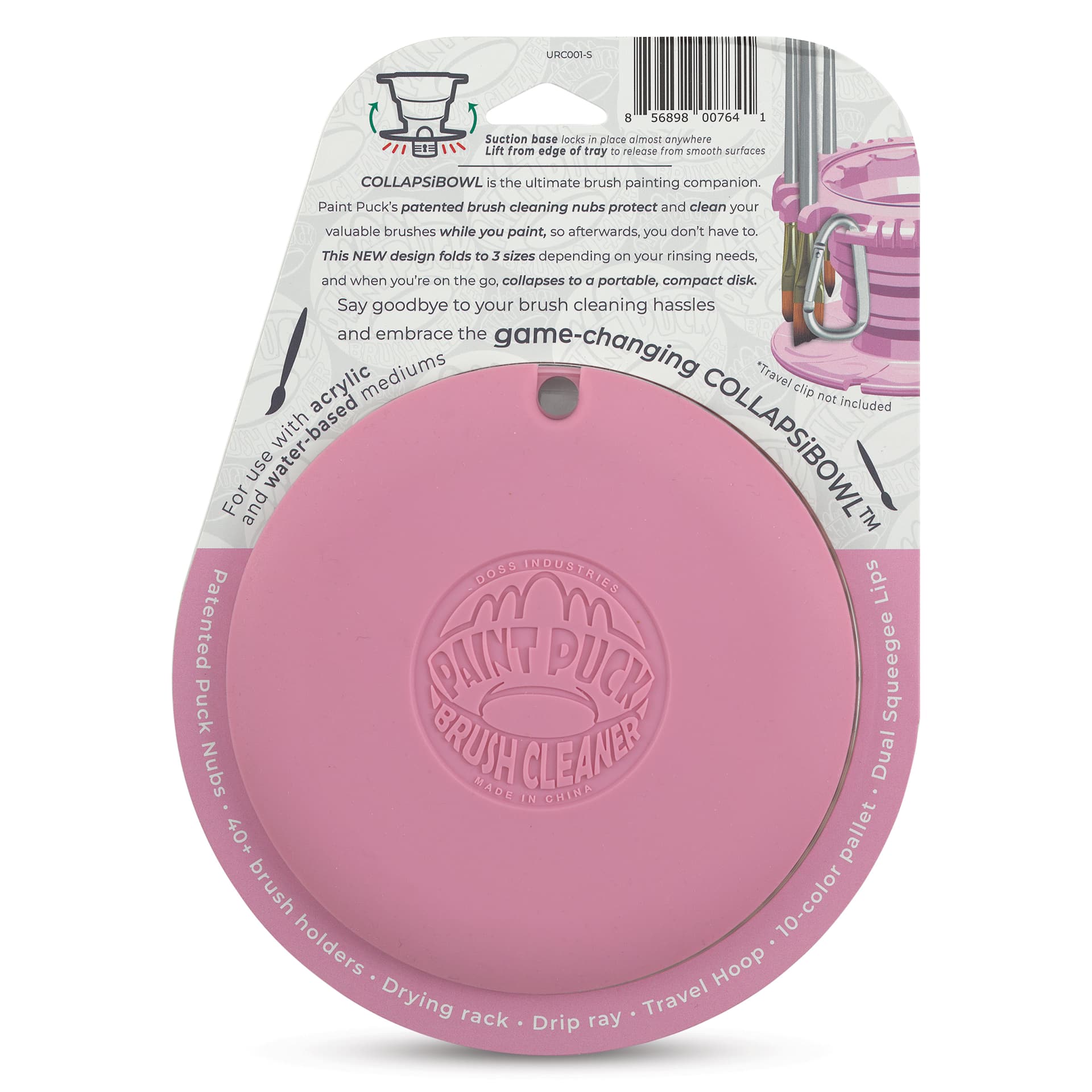 Paint Puck CollapsiBowl Portable Brush Cleaner - Pink, back of the packaging