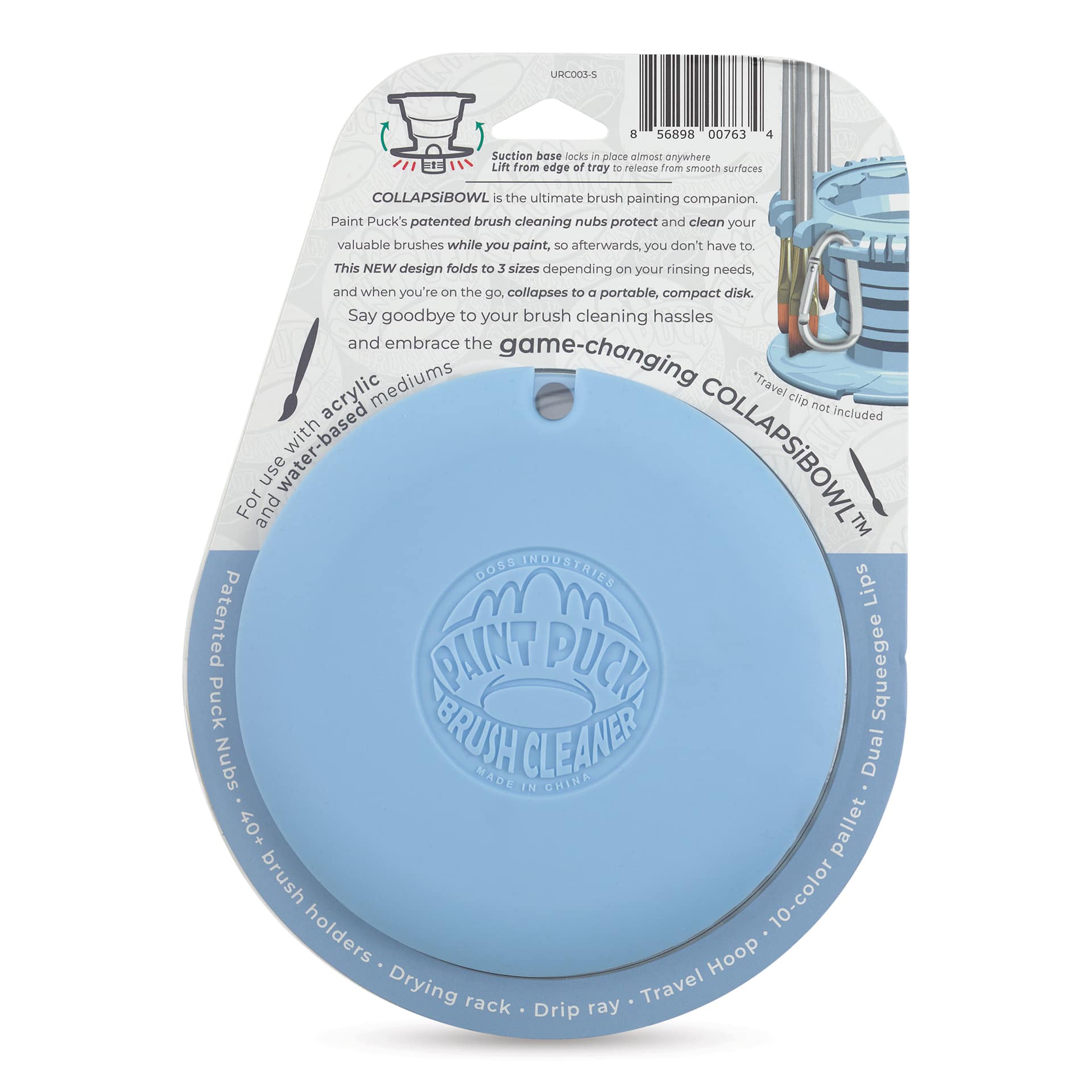 Paint Puck CollapsiBowl Portable Brush Cleaner - Blue, back of the packaging