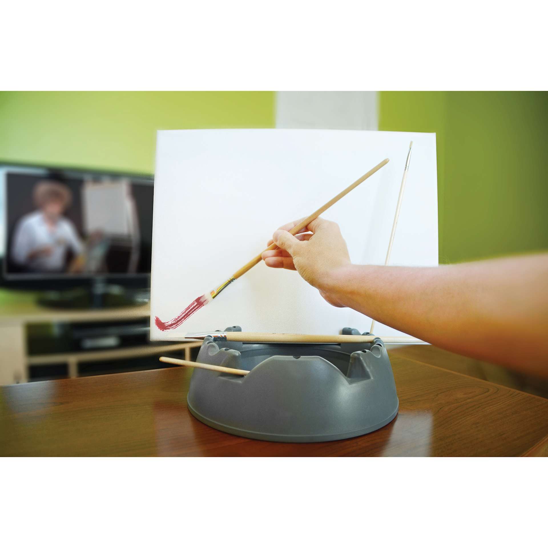 GoEasel Painting Station - Charcoal Gray, holding canvas