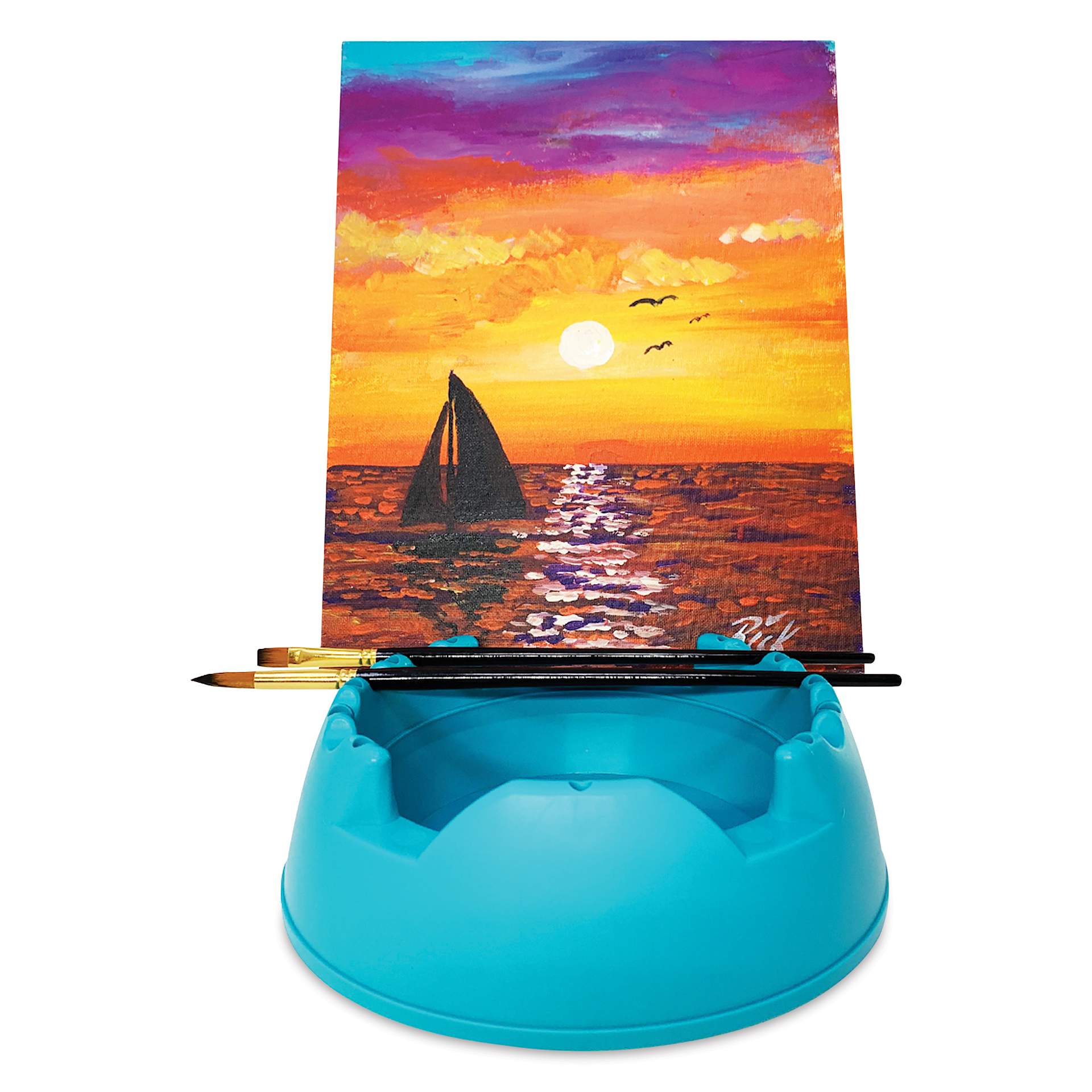 GoEasel Painting Station - Teal, holding finished artwork