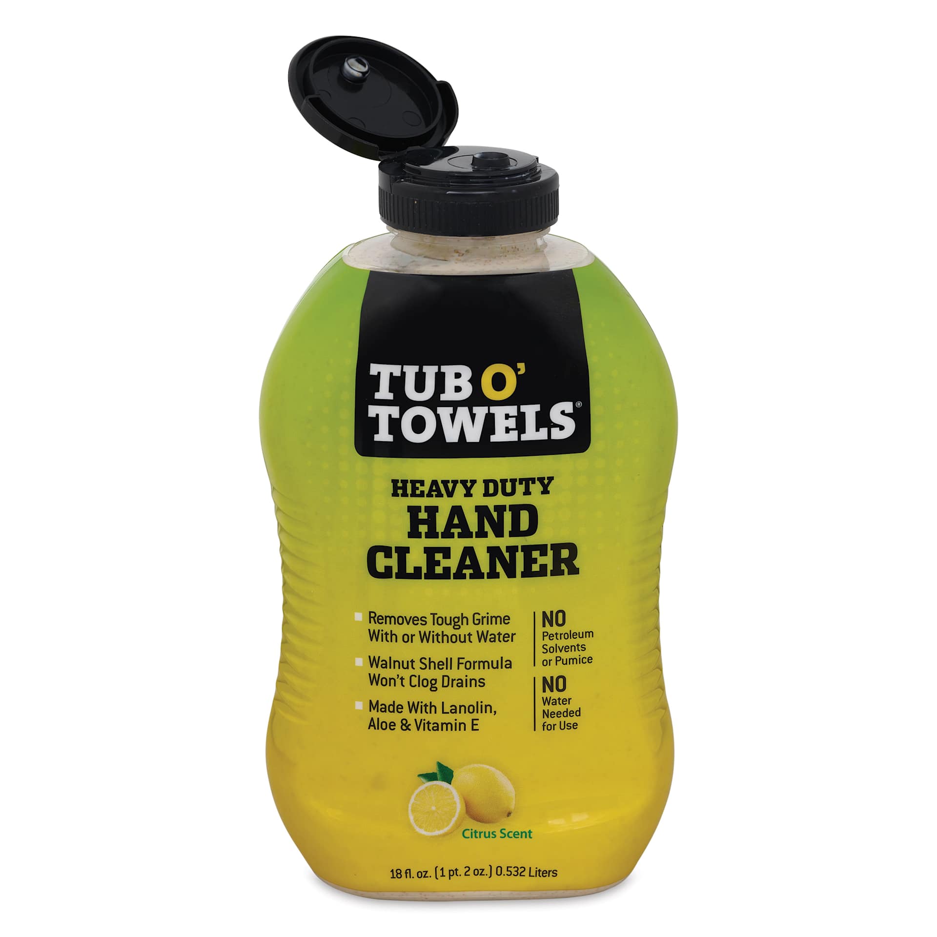 Tub O’ Towels Heavy Duty Hand Cleaner - Citrus Scent, 18 oz, front of bottle, with cap open