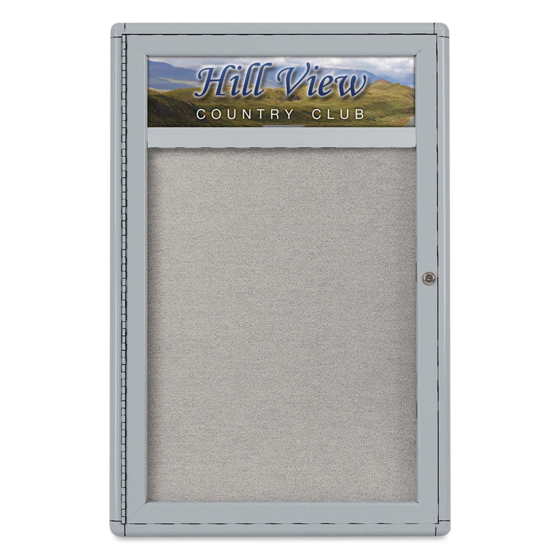 UVP Radius Enclosed Bulletin Tackboard - Gray, 24" x 36", 1 Door and Header