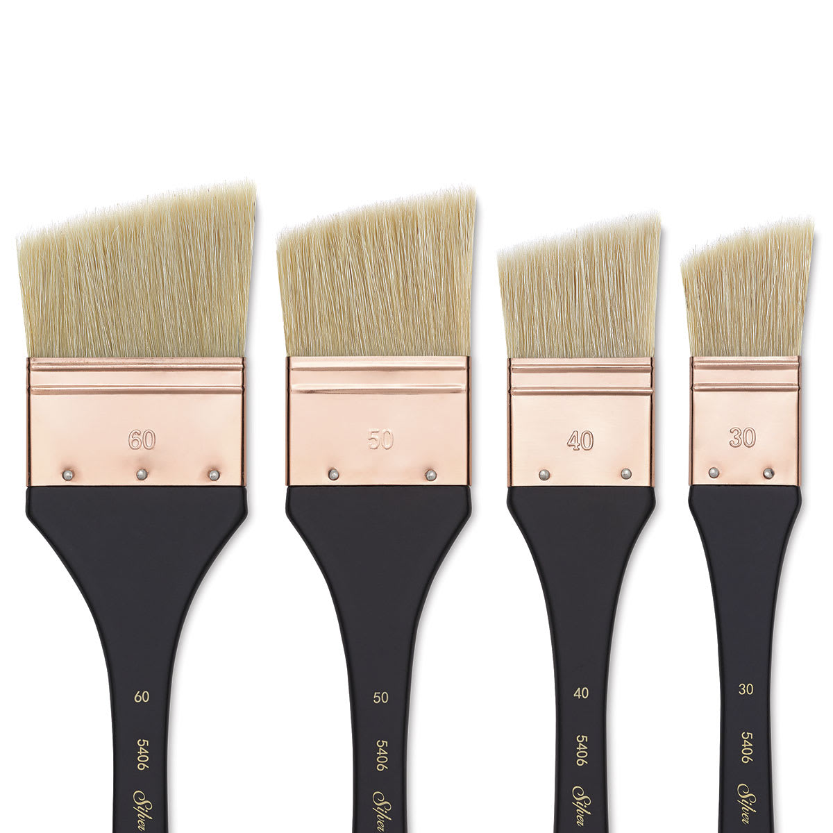 Silver Brush Atelier Hog Bristle Mottler Brushes - Closeup of 4 Angled Brushes shown