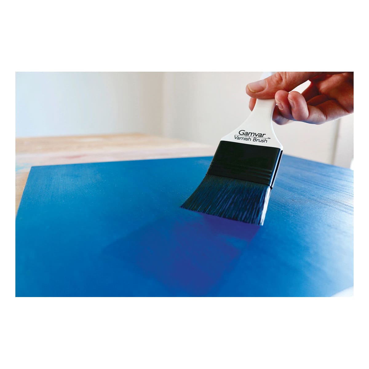 Gamblin Gamvar Synthetic Varnish Brush - 50mm, Used With Blue Paint