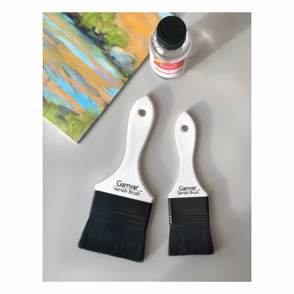 Gamblin Gamvar Synthetic Varnish Brushes Side By Side With Painting