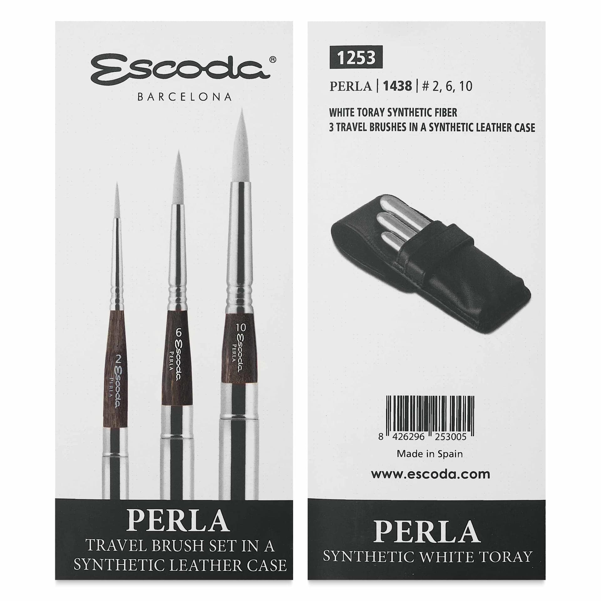 Escoda Perla Toray White Synthetic Travel Brushes - Set of 3, Round, front and back of packaging