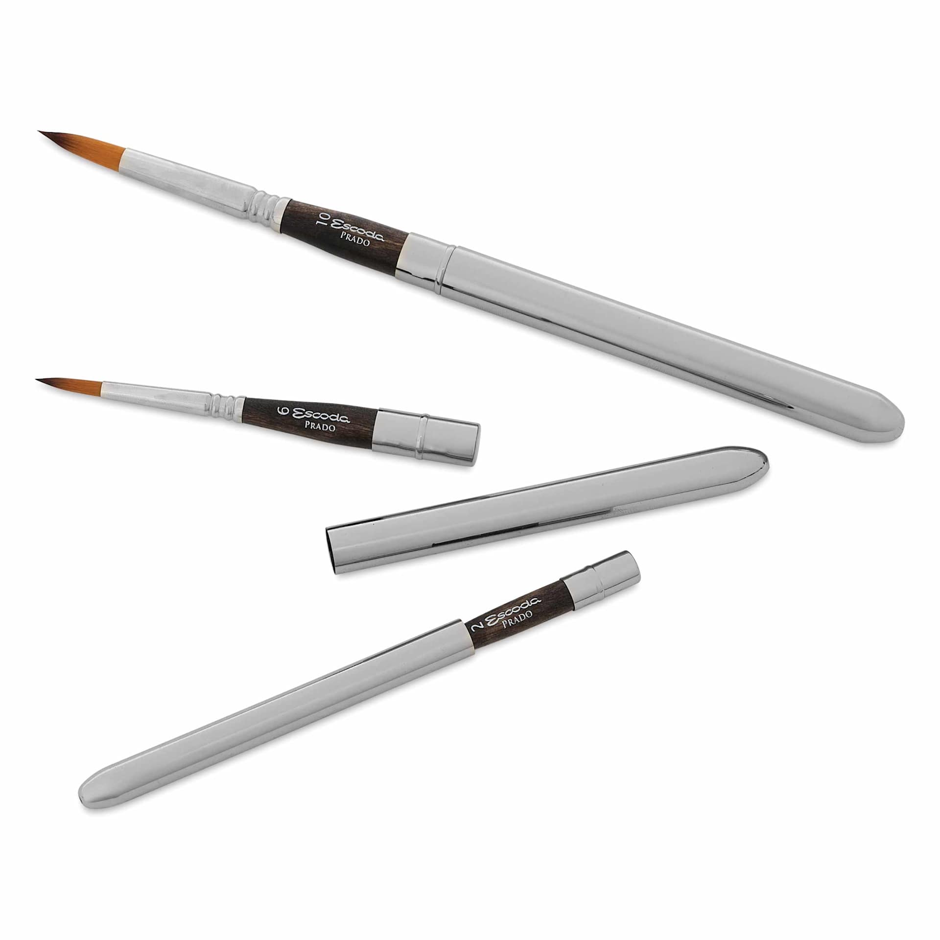Escoda Prado Tame Synthetic Sable Travel Brushes - Set of 3, Round, shown at full length, separated, and travel-safe.