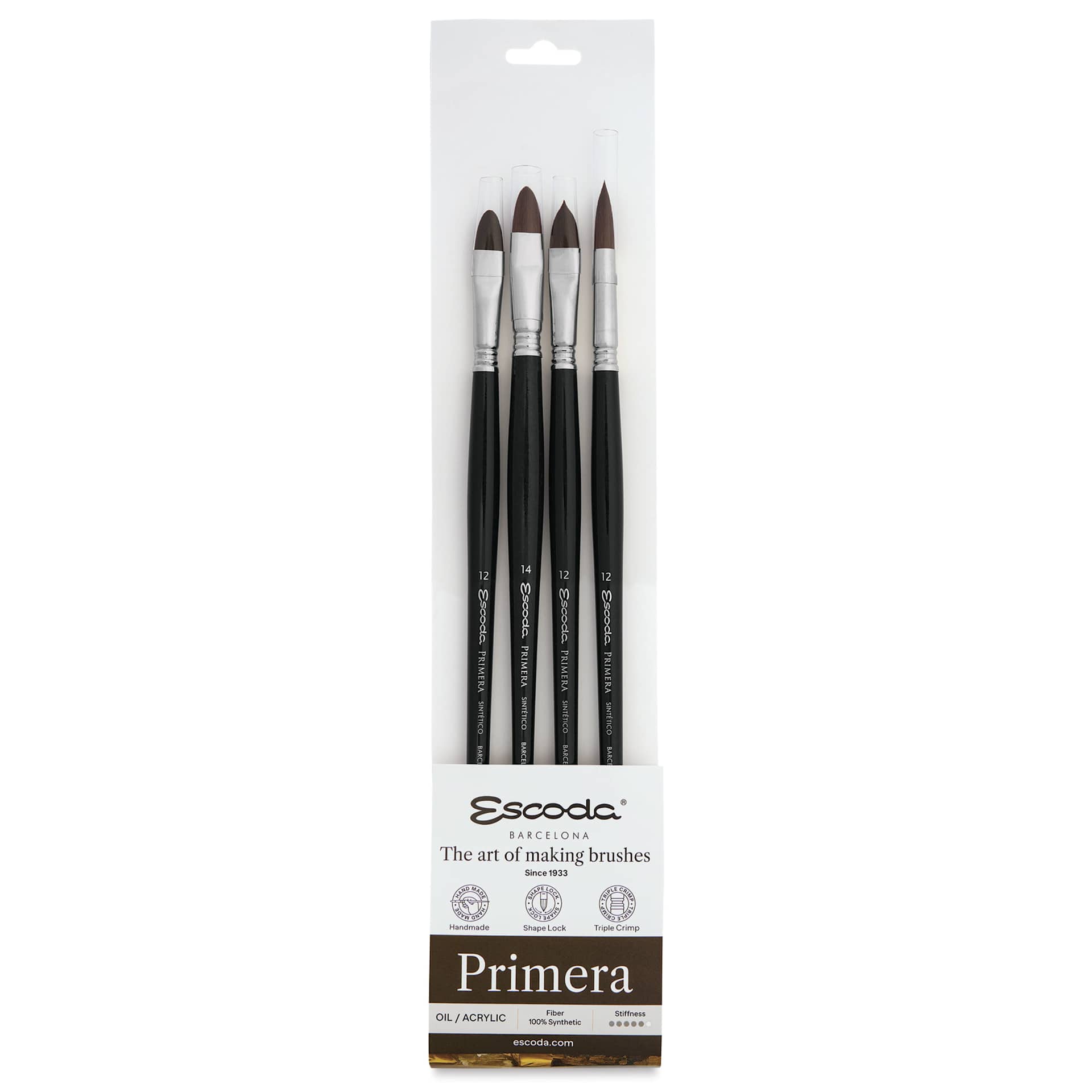 Escoda Primera Teijin Synthetic Brushes - Series 8958 Set of 4, Long Handle, font of the packaging