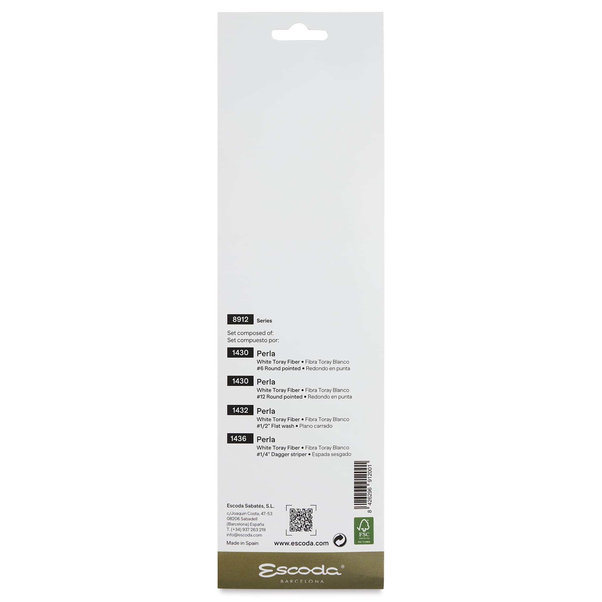 Escoda Perla Toray White Synthetic Brush, Set of 4, Short Handle, back of the packaging