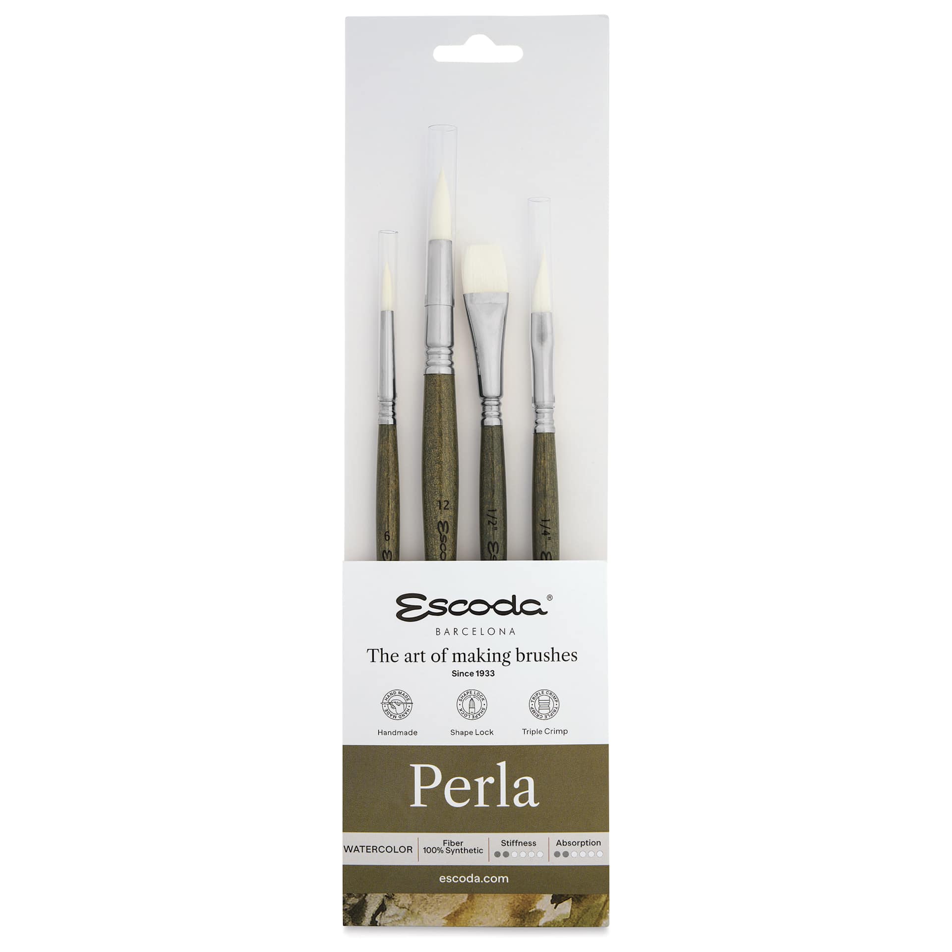 Escoda Perla Toray White Synthetic Brush, Set of 4, Short Handle, front of the packaging