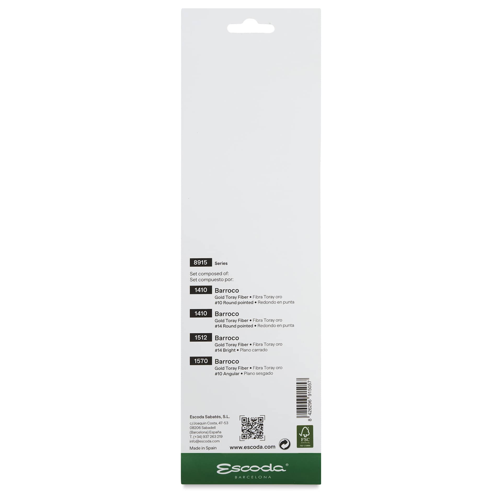 Escoda Barroco Toray Gold Synthetic Brush - Series 8915 Set of 4, back of the packaging