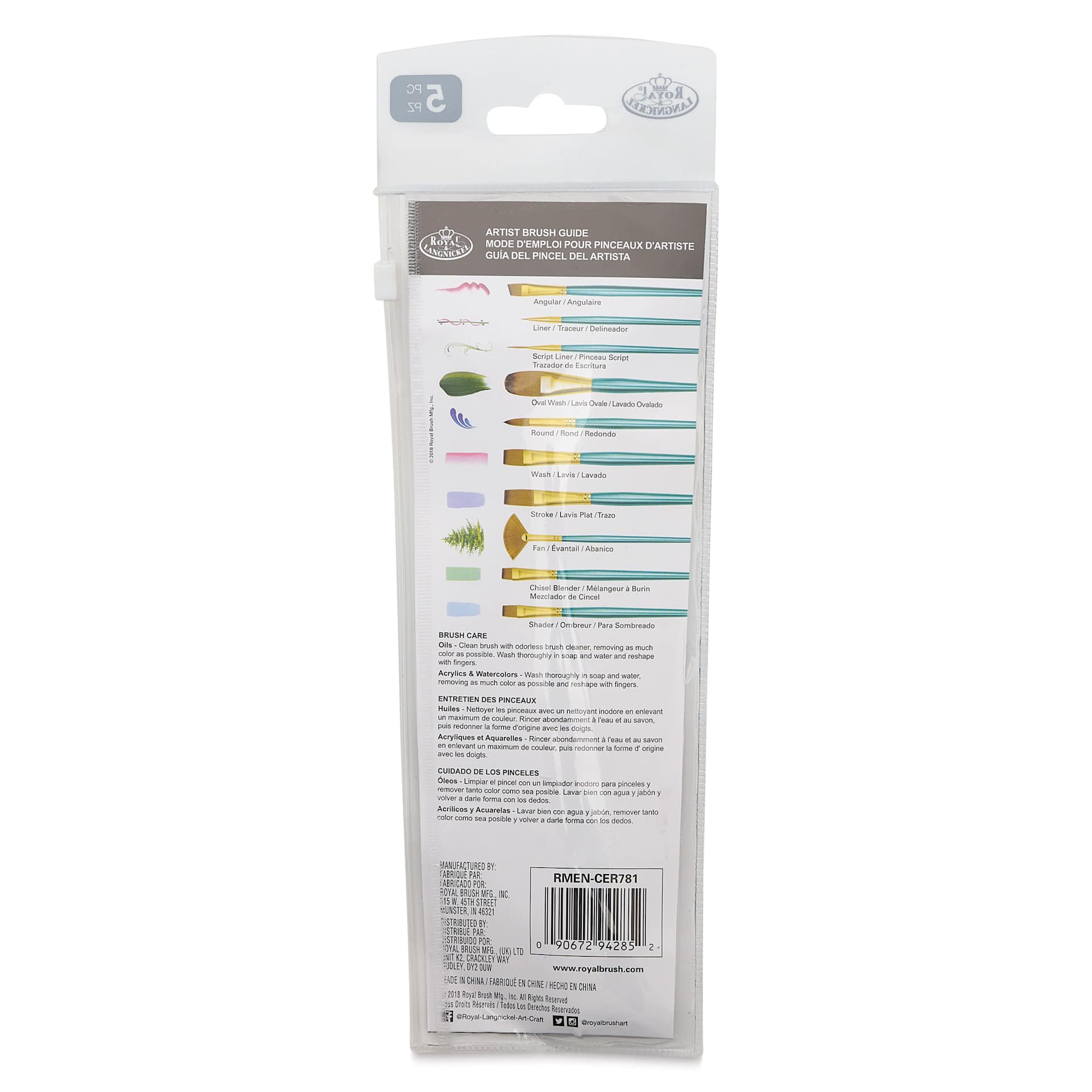 Royal & Langnickel Menta Synthetic Sable Ceramic Brush Set - Set of 5, back of package