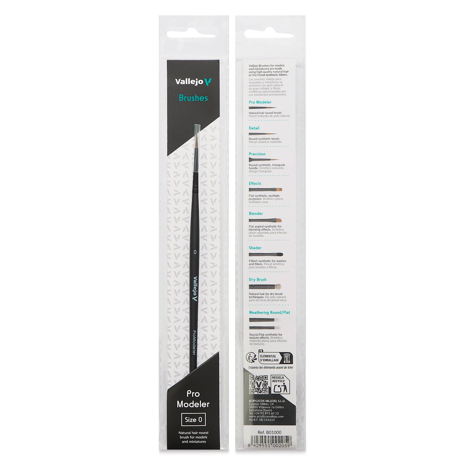 Vallejo Natural Pro Modeler Brush - Round, Size 0, front and back of packaging