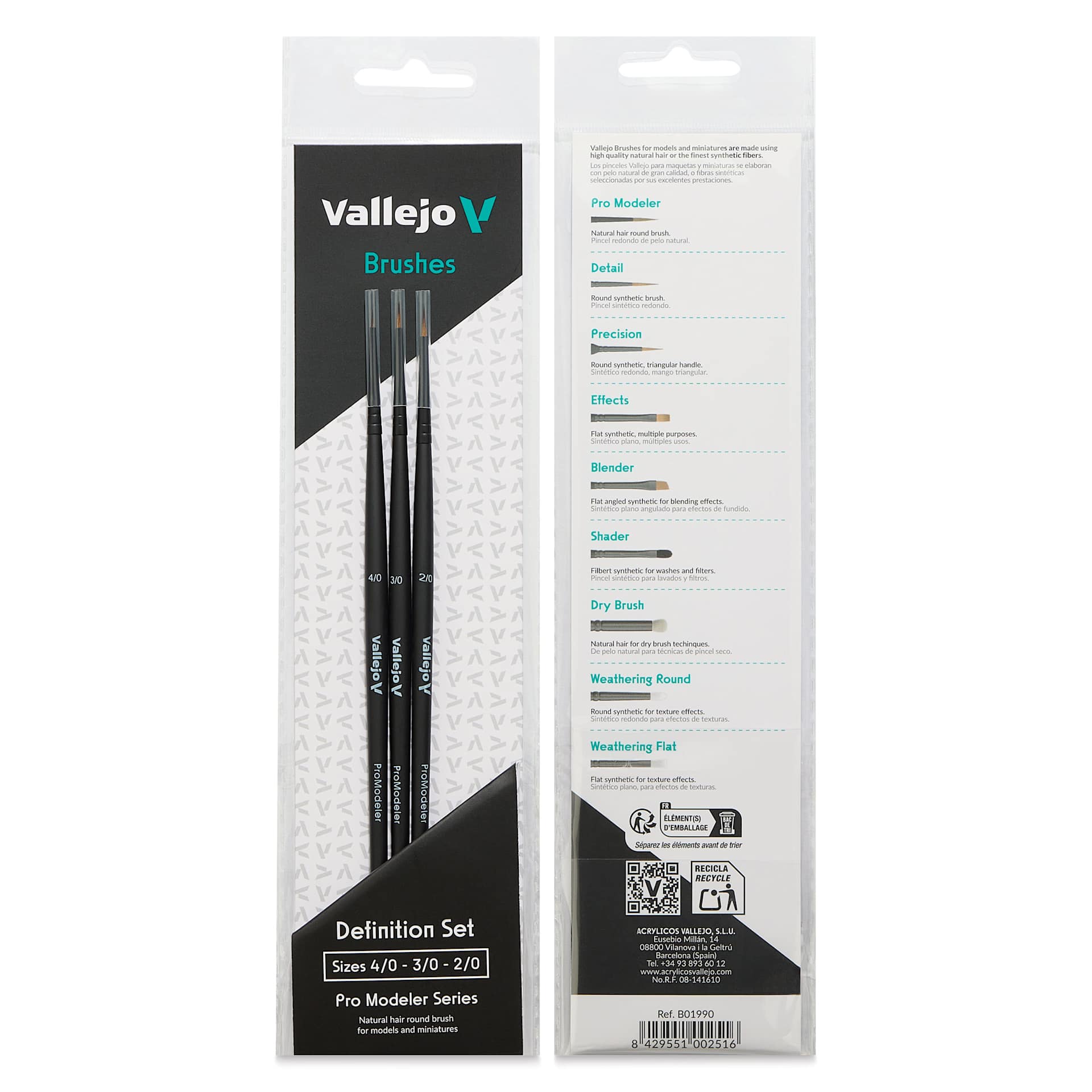 Vallejo Natural Pro Modeler Brushes - Definition Set of 3, front and back of packaging