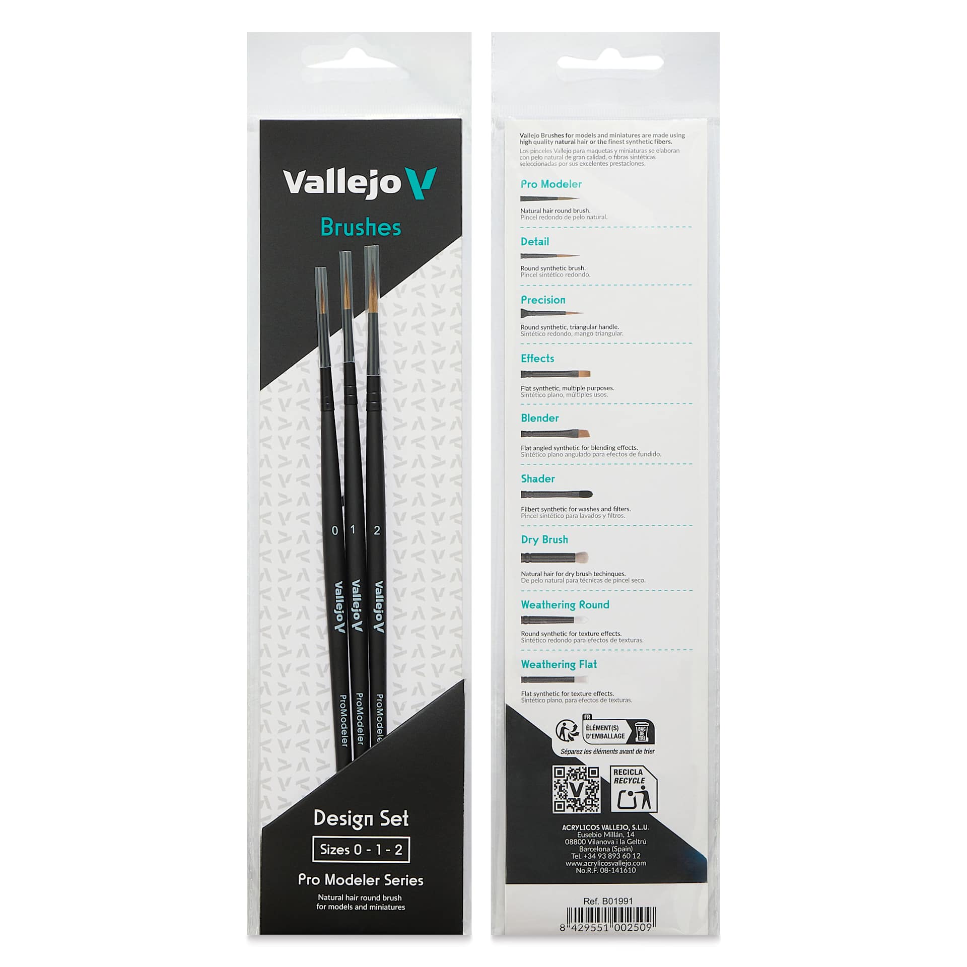 Vallejo Natural Pro Modeler Brushes - Detail Set of 3, front and back of packaging