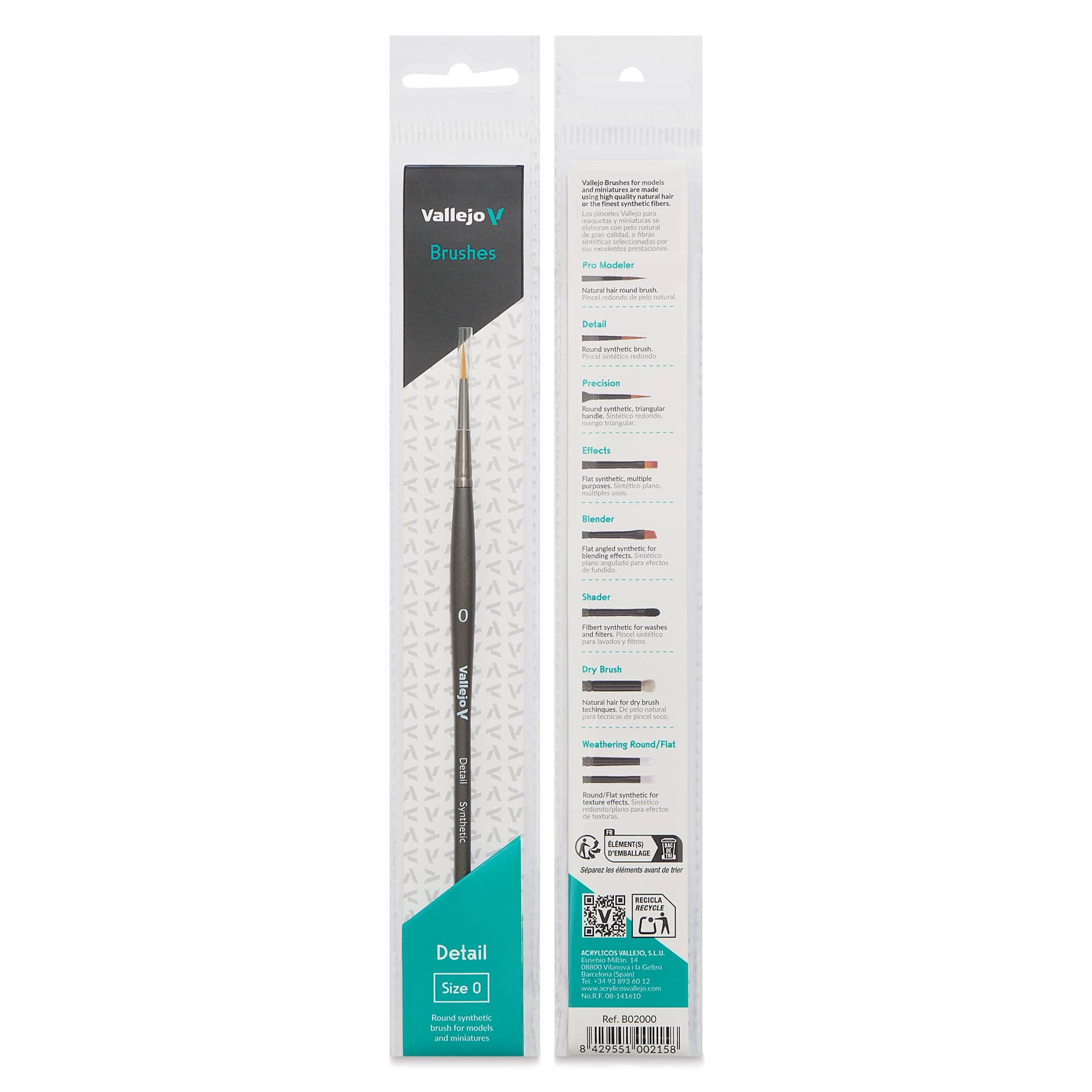 Vallejo Synthetic Golden Toray Hobby Brush - Detail Round, Size 0, front and back of packaging