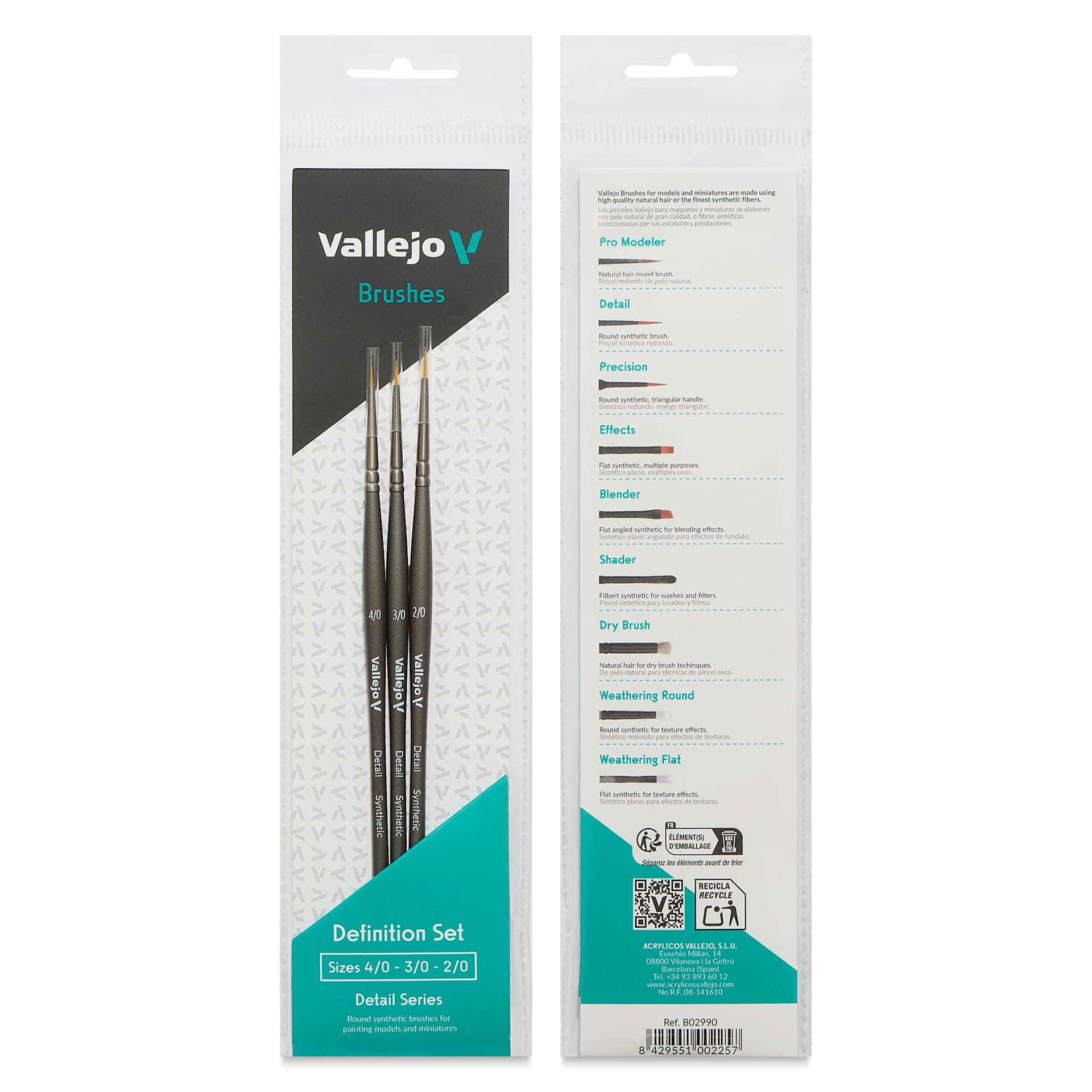 Vallejo Synthetic Golden Toray Hobby Brushes - Detail Definition, Set of 3, front and back of packaging