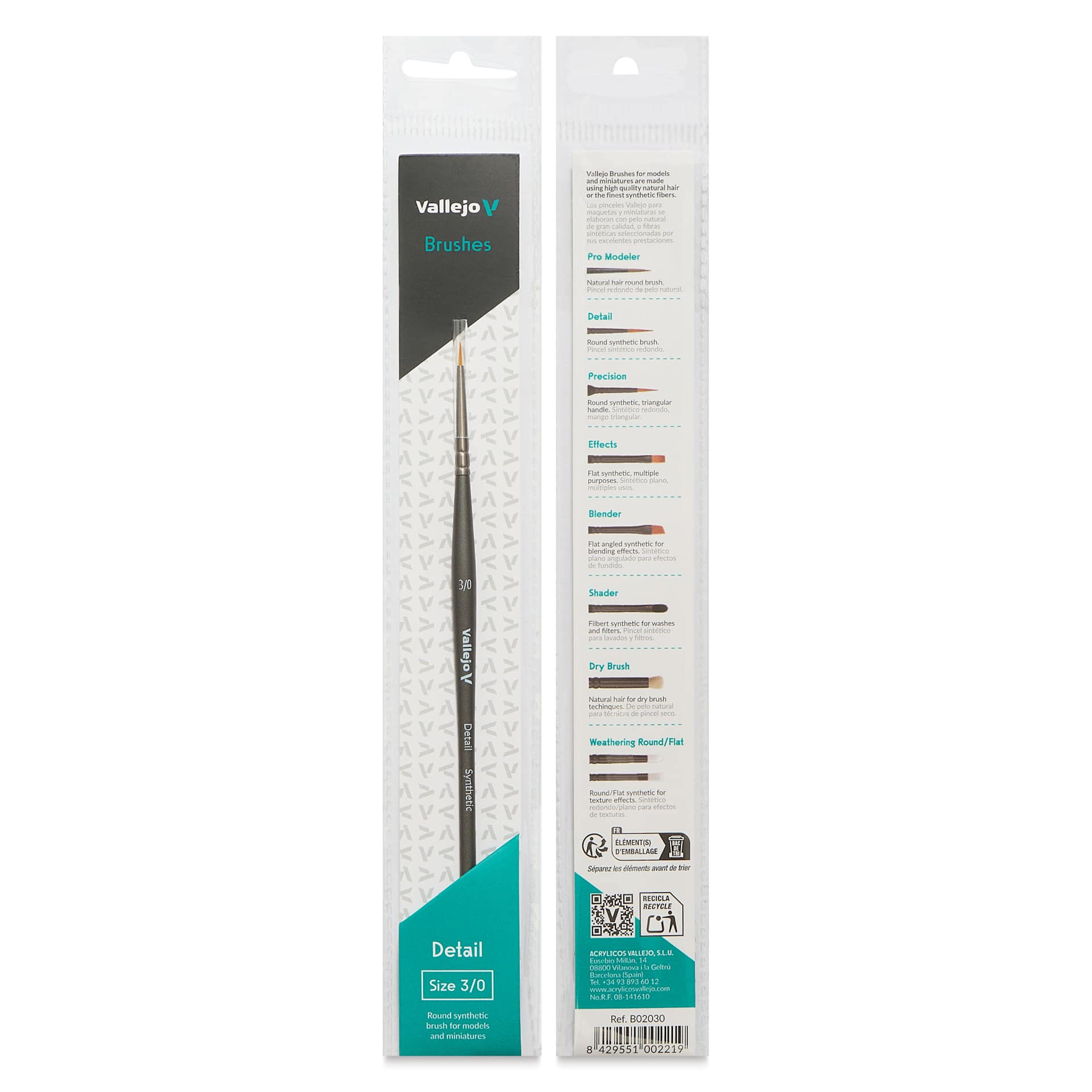 Vallejo Synthetic Golden Toray Hobby Brush - Detail Round, Size 3/0, front and back of packaging
