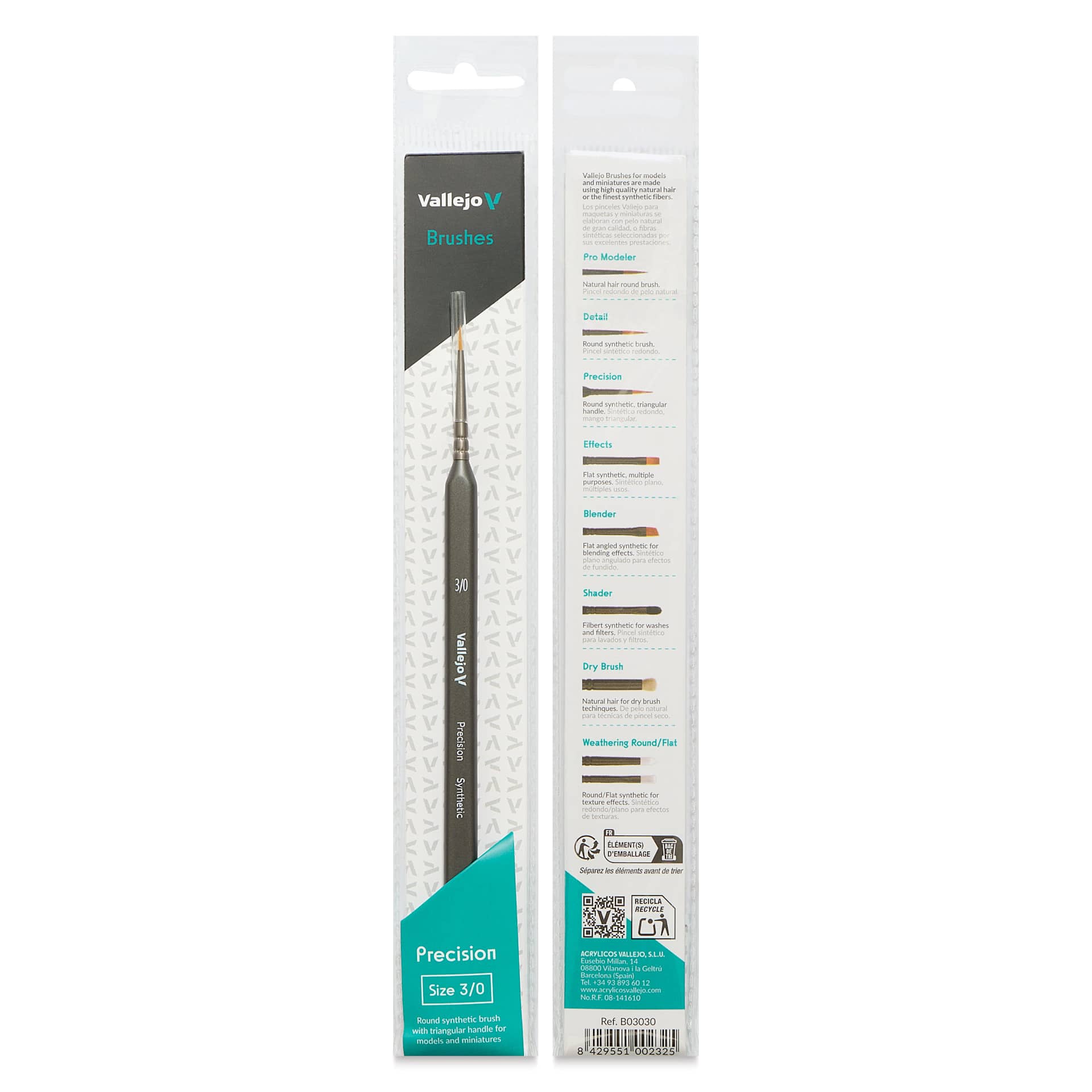 Vallejo Synthetic Golden Toray Hobby Brush - Precision Round, Size 3/0, front and back of packaging