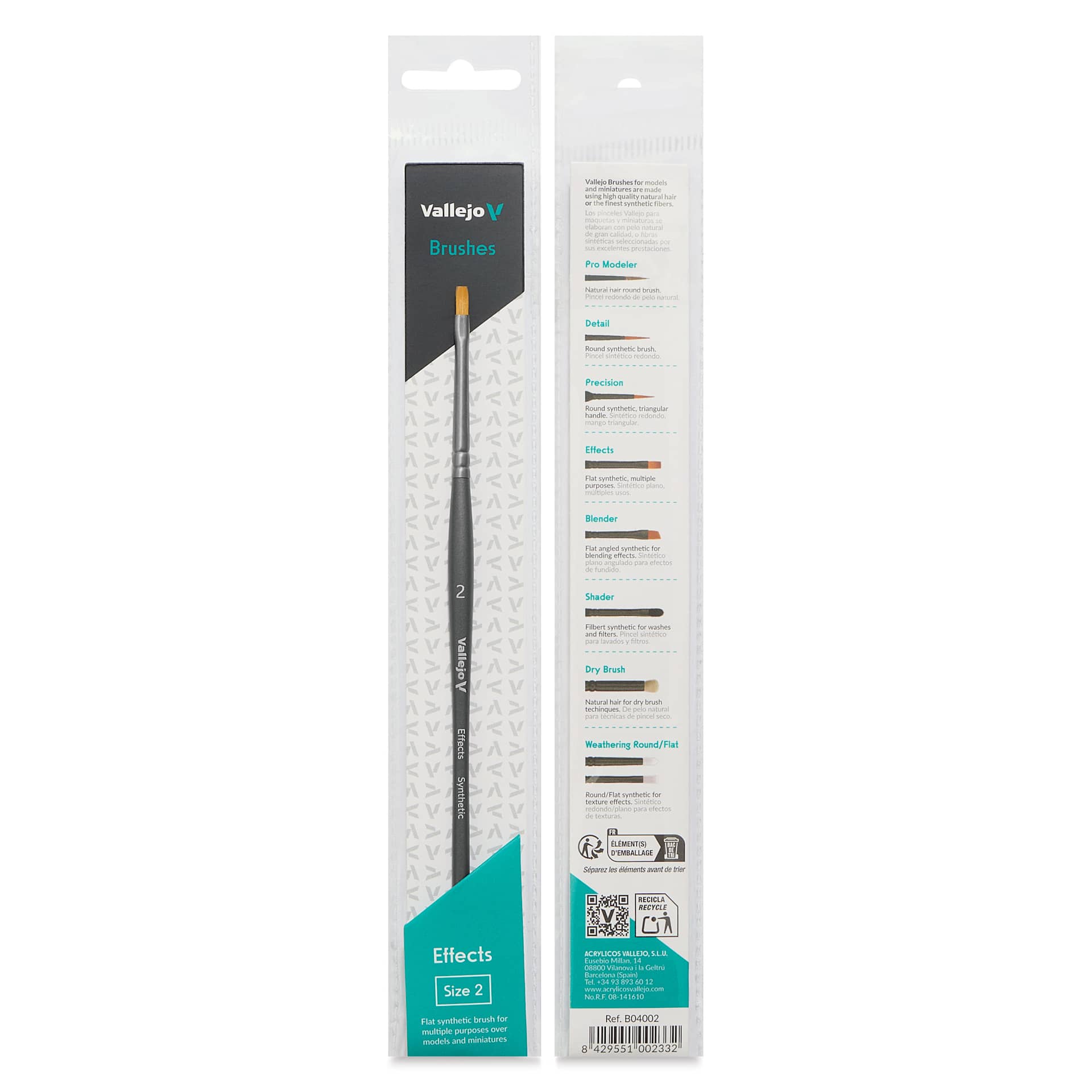 Vallejo Synthetic Golden Toray Hobby Brush - Effects Flat, Size 2, front and back of packaging