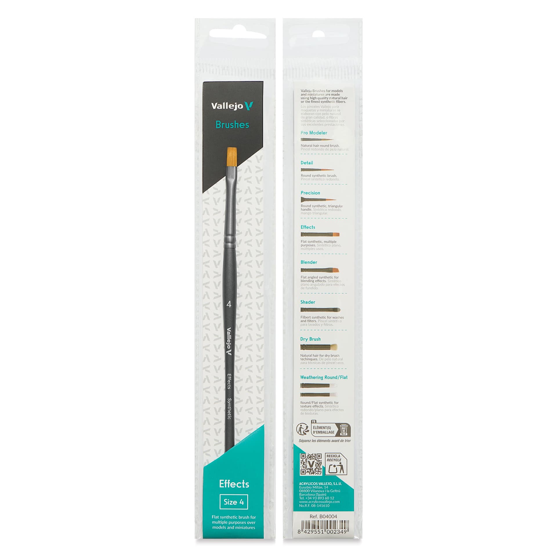 Vallejo Synthetic Golden Toray Hobby Brush - Effects Flat, Size 4, front and back of packaging
